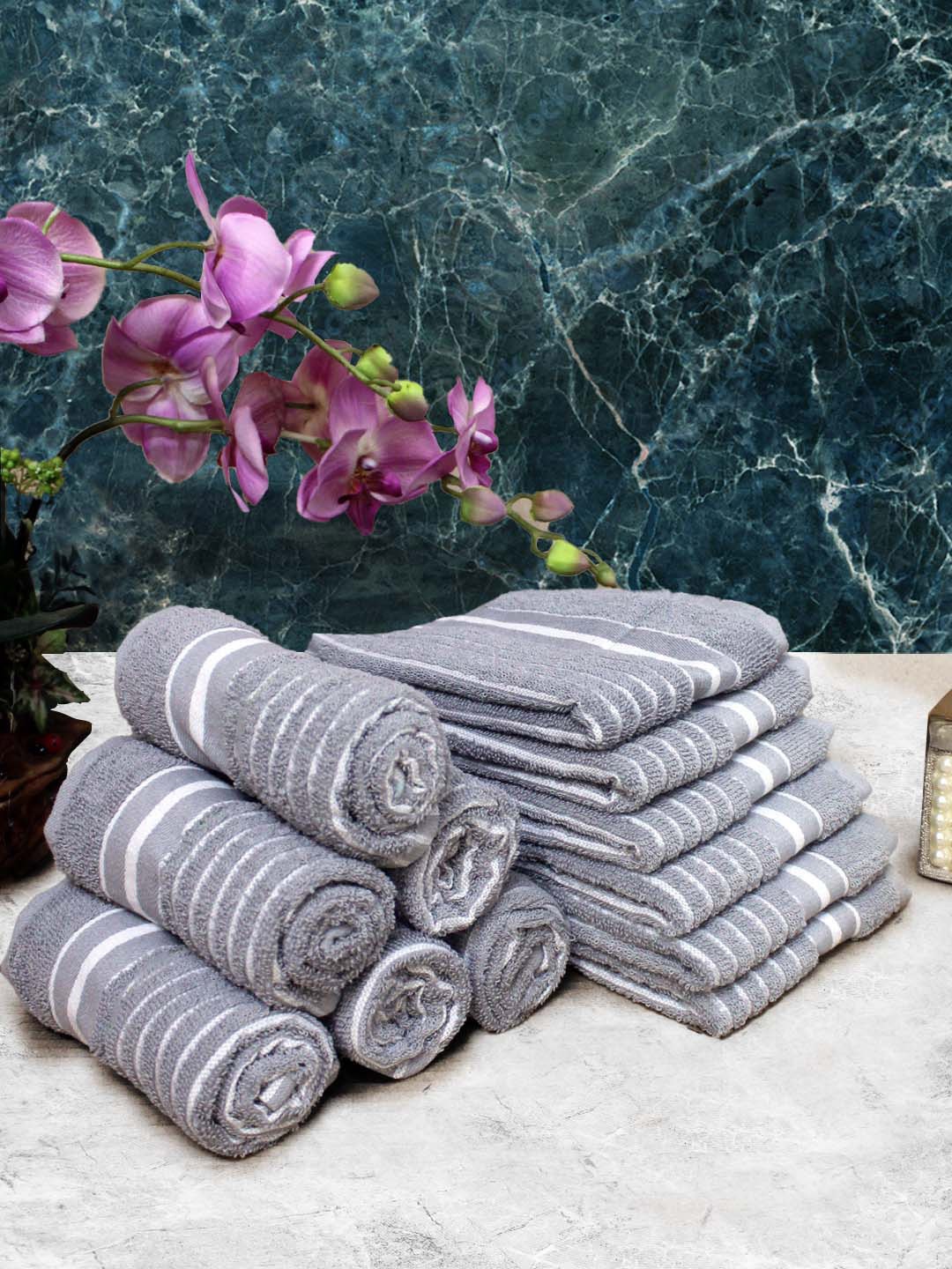 

Athom Living Grey & White 12 Pieces Striped Cotton 150 GSM Soft Hand Towels