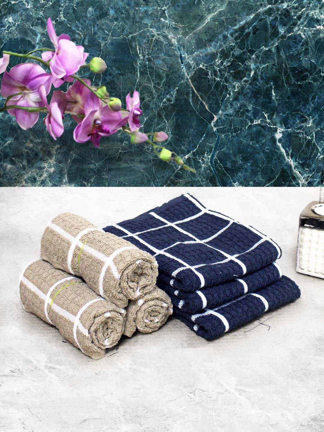 

Athom Living Beige & Navy Blue 6 Pieces Checked Cotton 150 GSM Soft Hand Towels