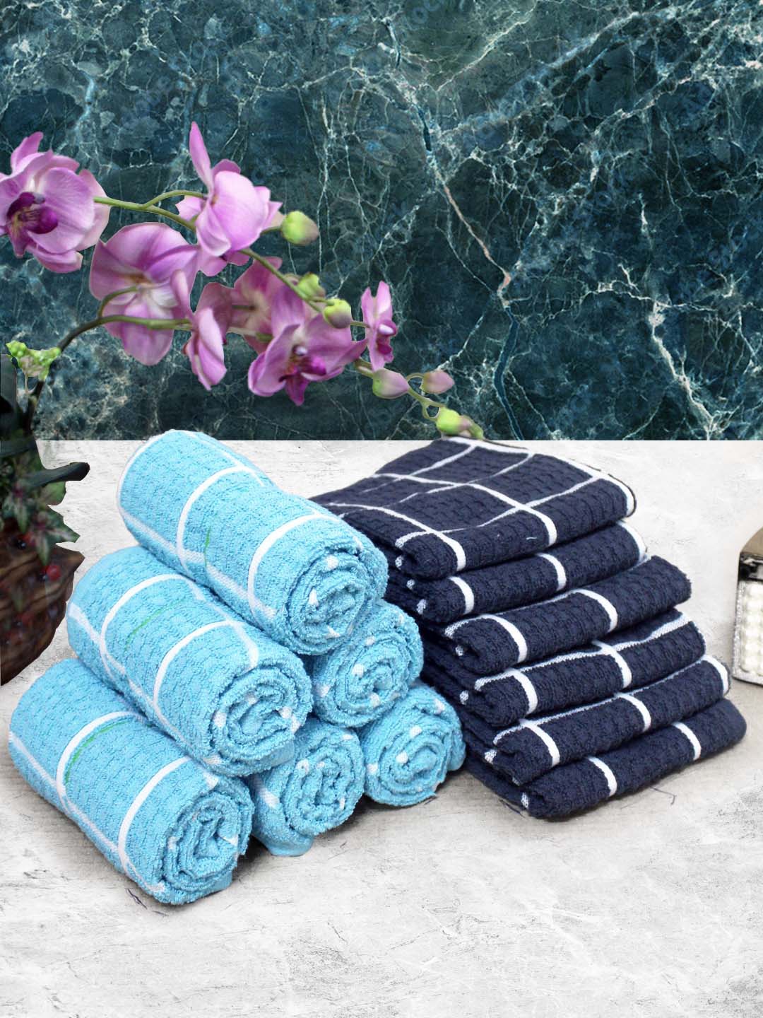 

Athom Living Blue & Navy Blue 12 Pieces Checked Cotton 150 GSM Soft Hand Towels