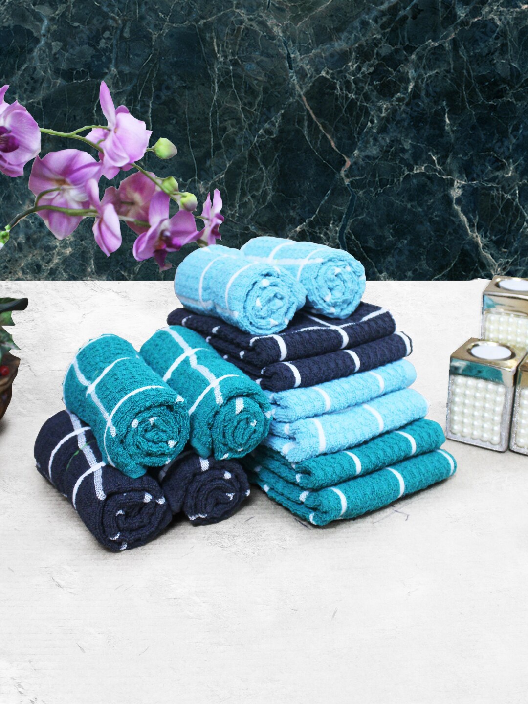 

Athom Living Blue & Teal Green 12 Pieces Checked Cotton 150 GSM Soft Hand Towels