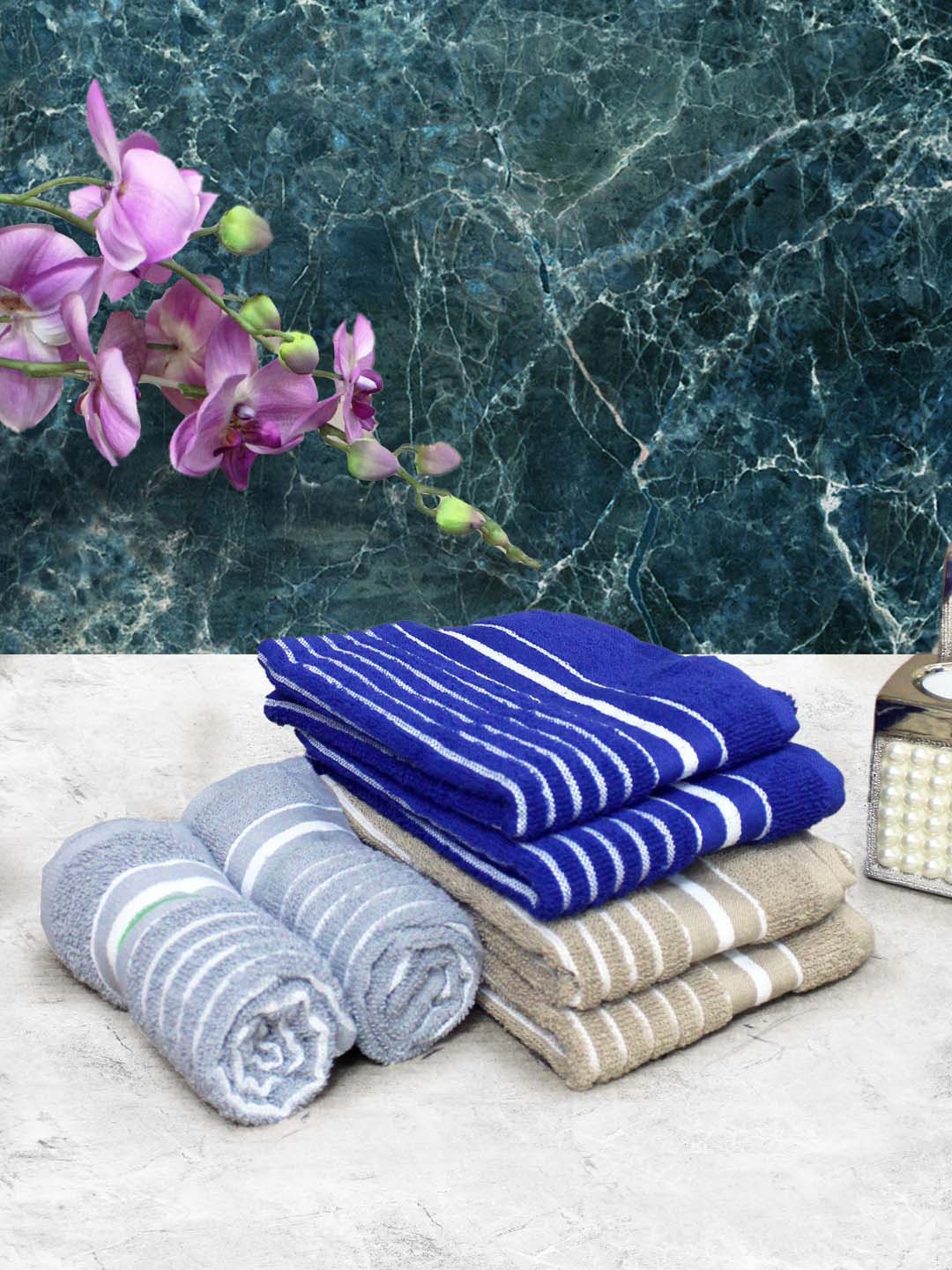 

Athom Living Blue & Beige 6 Pieces Striped Cotton 150 GSM Soft Hand Towels