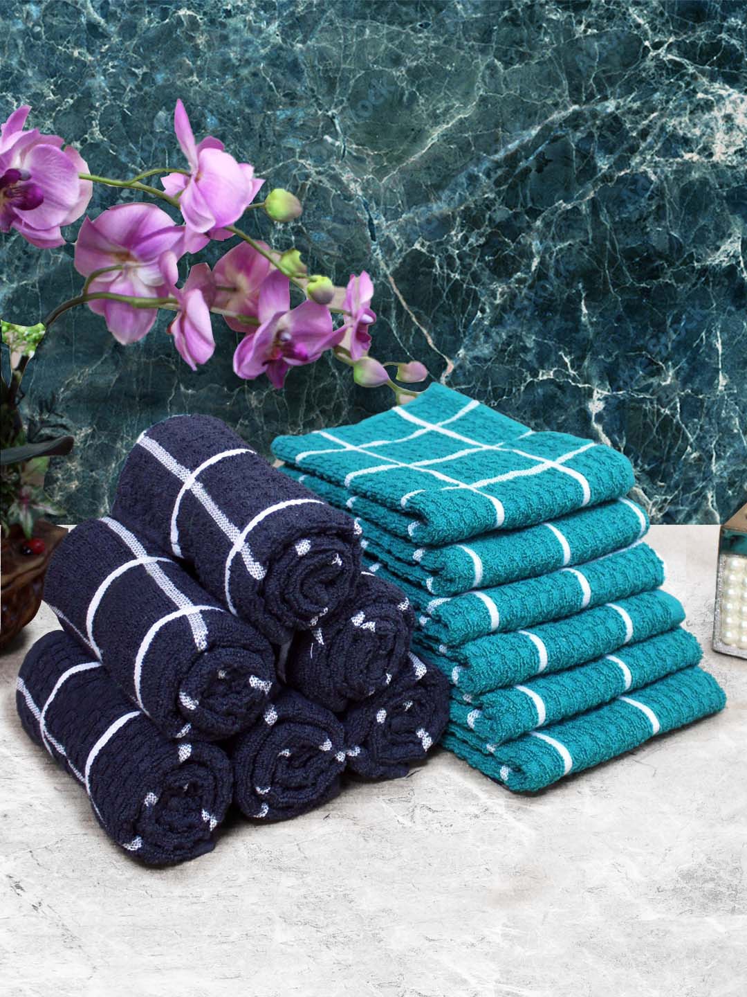 

Athom Living Navy Blue & Teal Green 12 Pieces Checked Cotton 150 GSM Soft Hand Towels