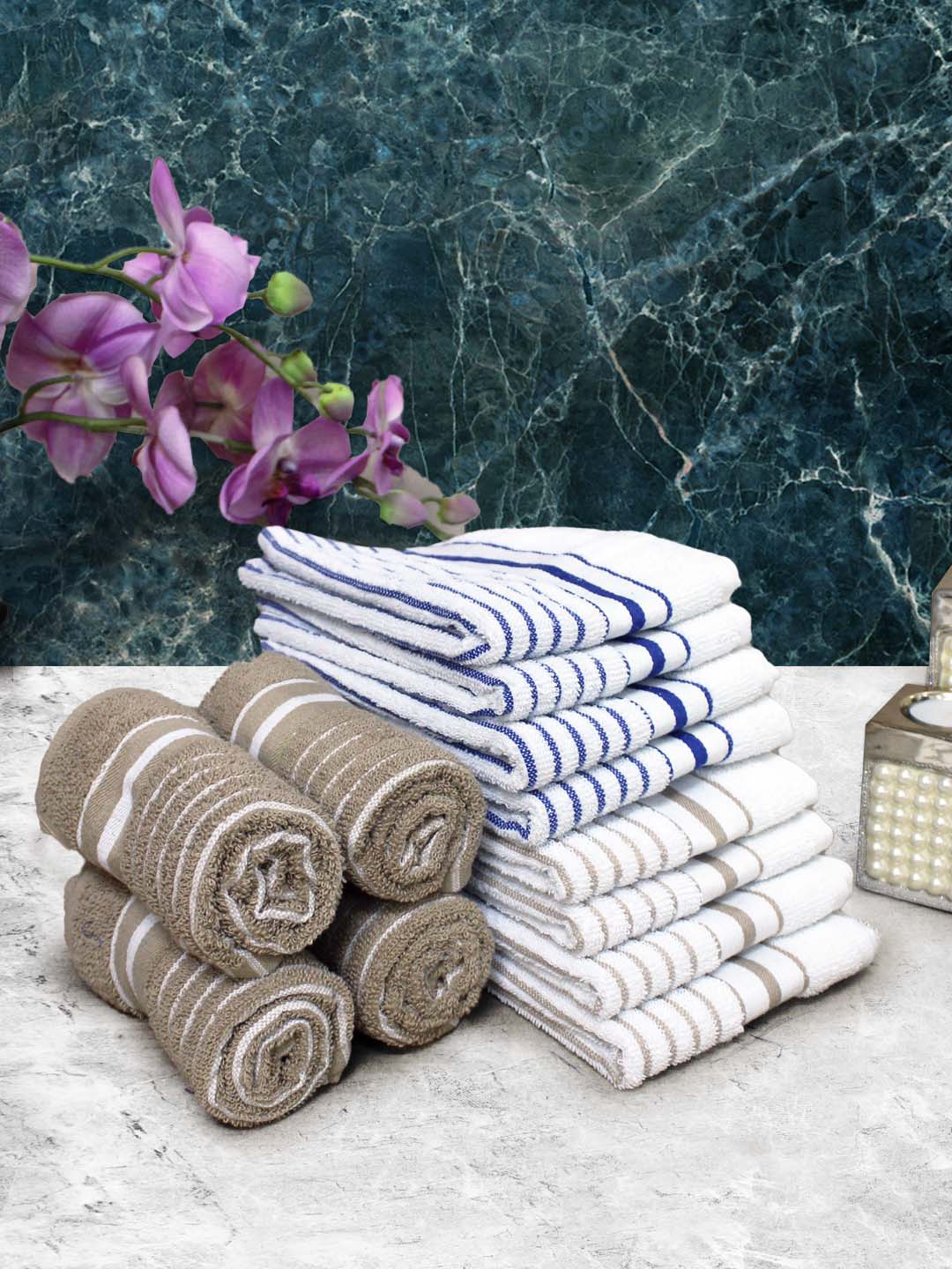 

Athom Living Brown & White 12 Pieces Striped Cotton 150 GSM Soft Hand Towels