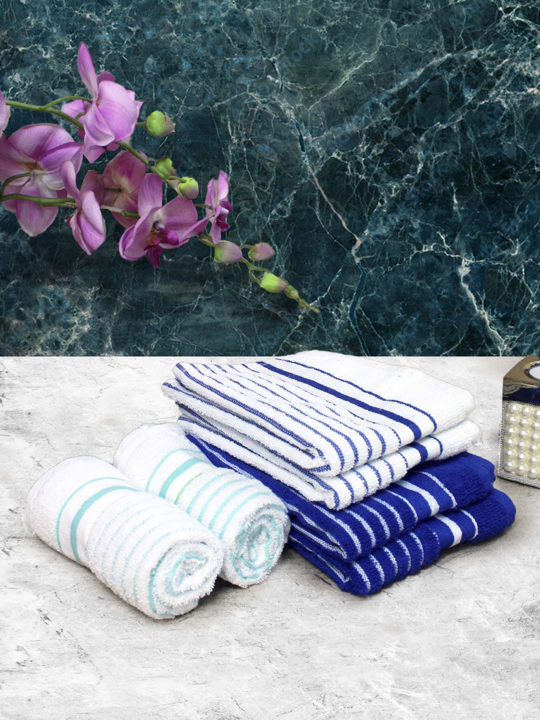 

Athom Living Navy Blue & White 6 Pieces Striped Cotton 150 GSM Soft Hand Towels