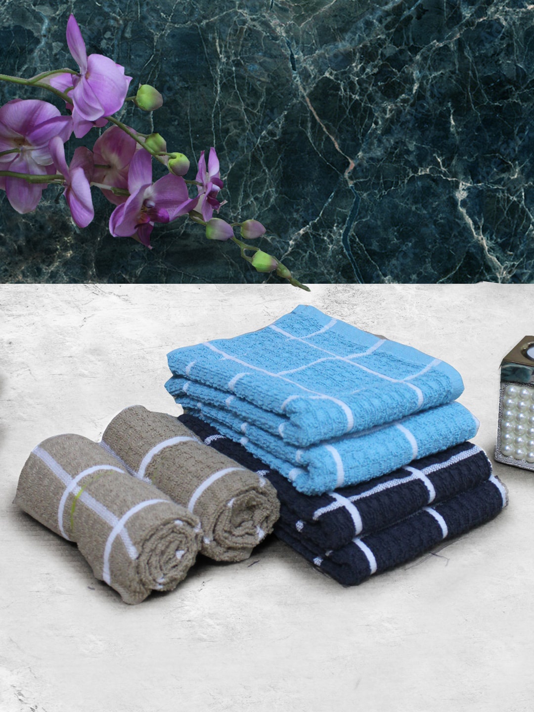 

Athom Living Blue & Brown 6 Pieces Checked Cotton 150 GSM Soft Hand Towels