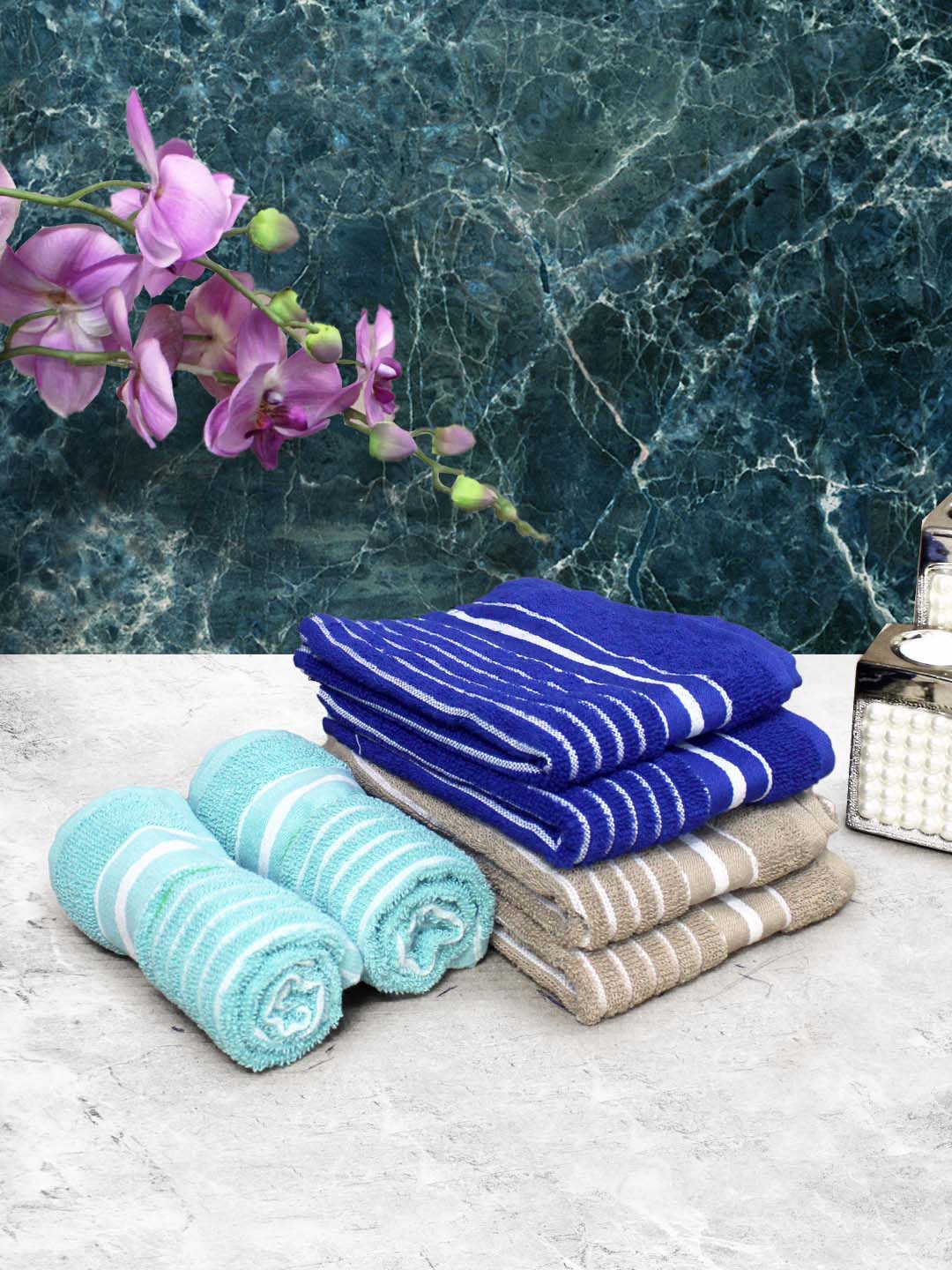 

Athom Living Blue & Beige 6 Pieces Striped Cotton 150 GSM Soft Hand Towels