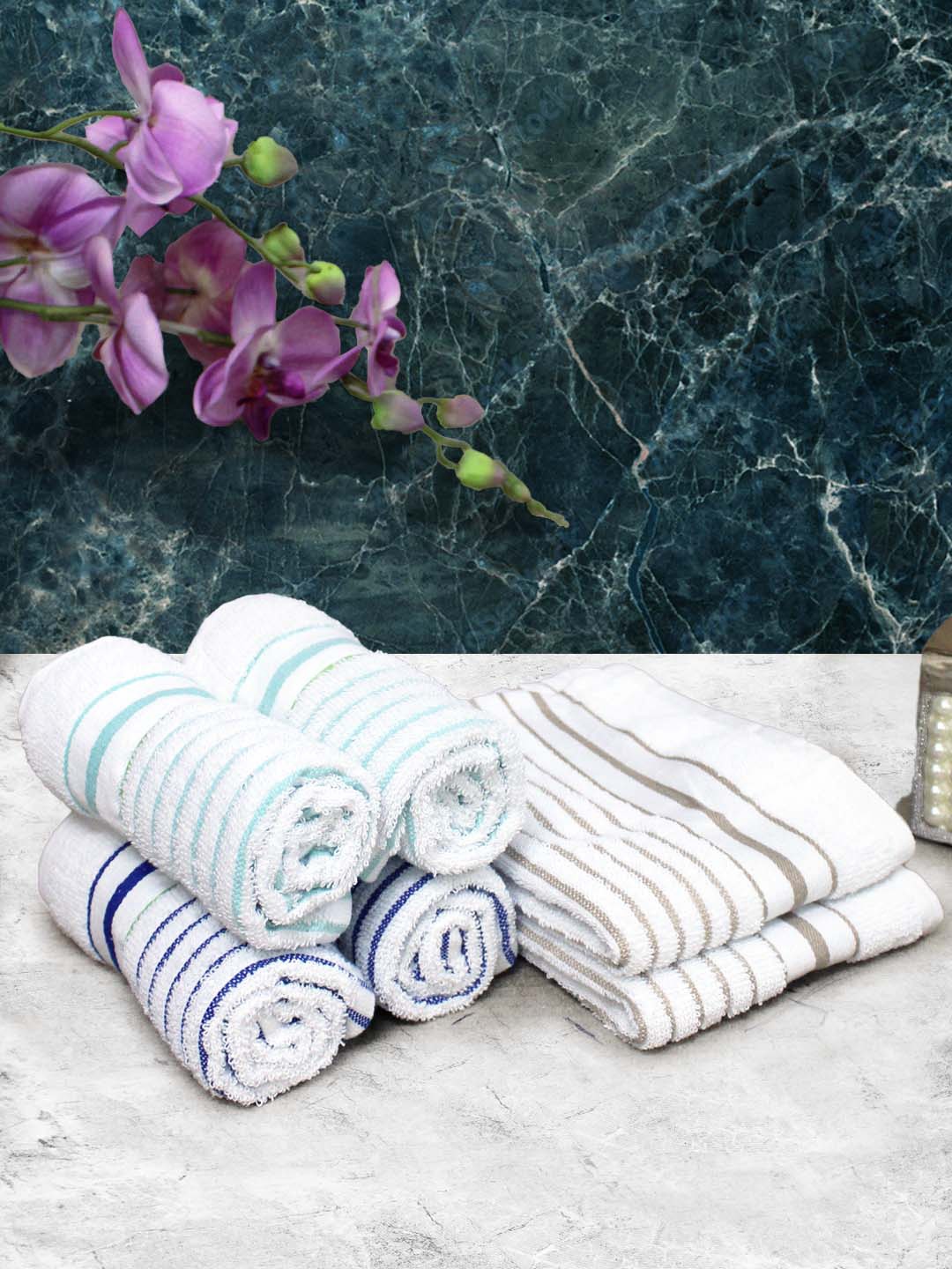 

Athom Living White & Blue 6 Pieces Striped Cotton 150 GSM Soft Hand Towels