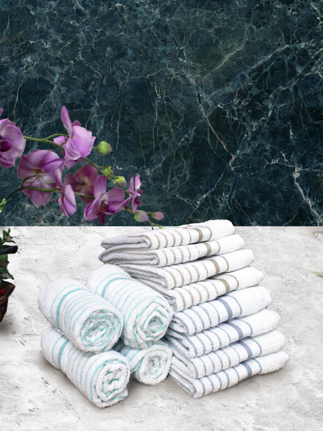 

Athom Living White & Beige 12 Pieces Striped Cotton 150 GSM Soft Hand Towels