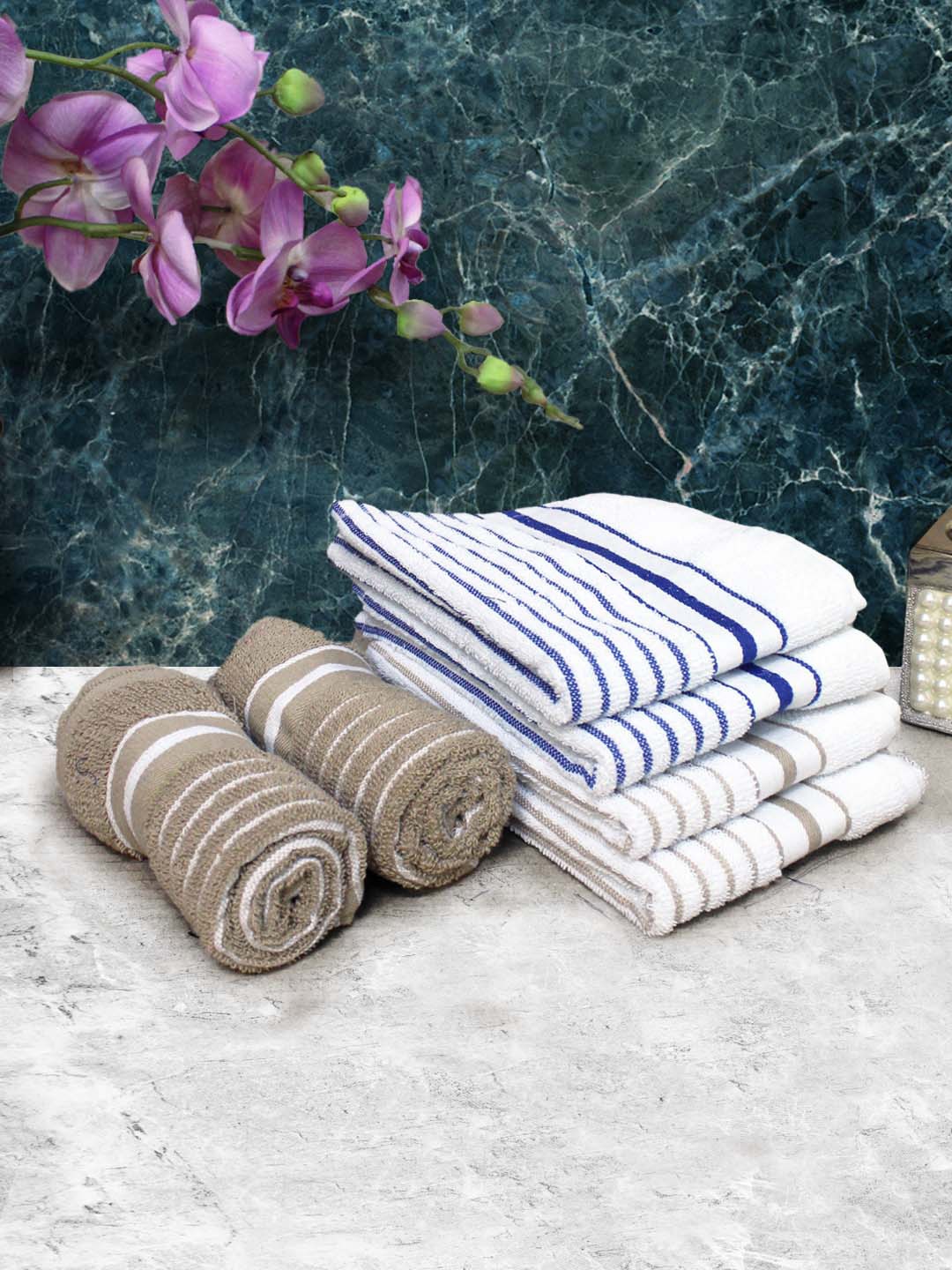 

Athom Living White & Beige 6 Pieces Striped 150 GSM Cotton Soft Hand Towels