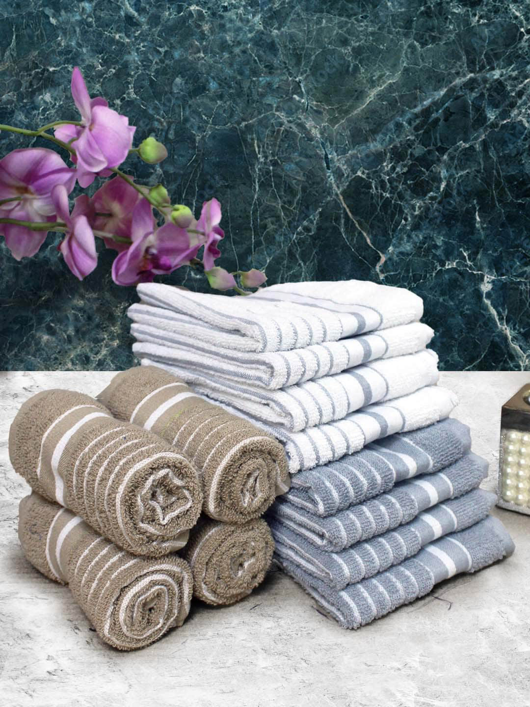 

Athom Living White & Grey 12 Pieces Striped Cotton 150 GSM Soft Hand Towels