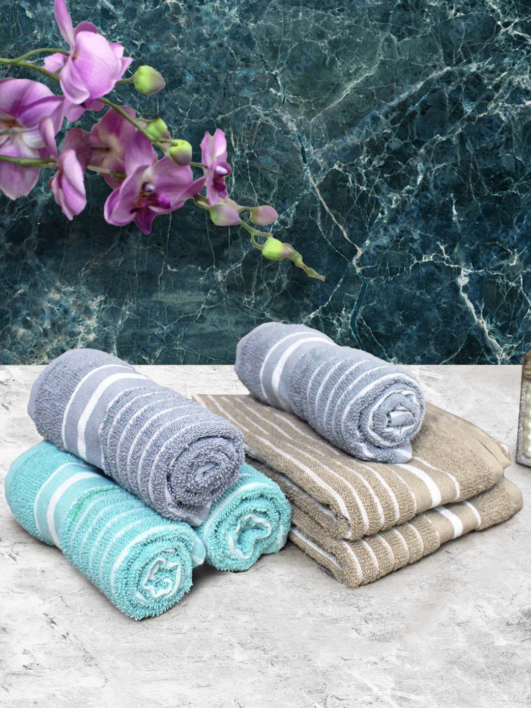 

Athom Living Grey & Beige 6 Pieces Striped Cotton 150 GSM Soft Hand Towels