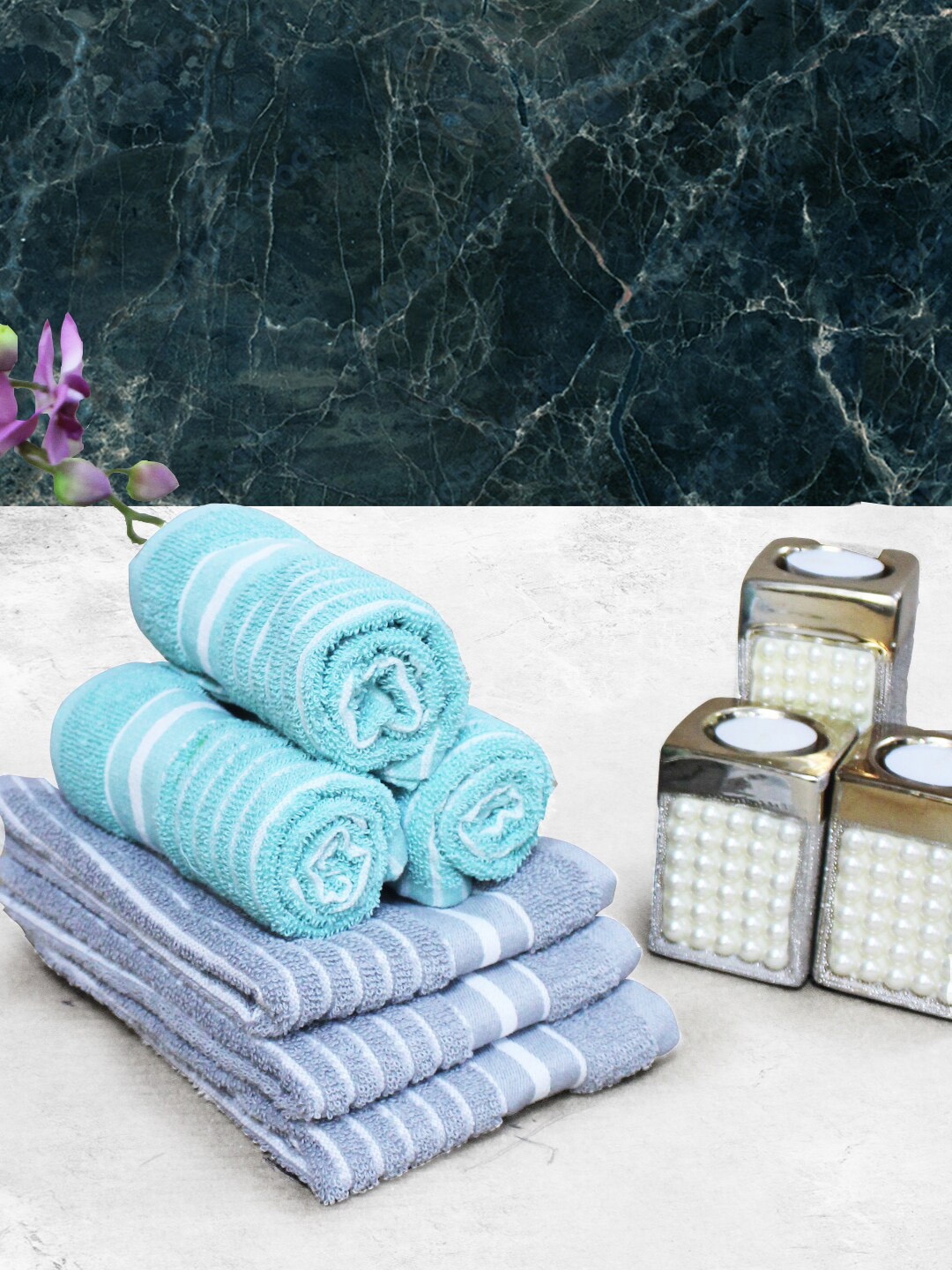 

Athom Living Blue & Green 6 Pieces Striped Cotton 150 GSM Soft Hand Towels