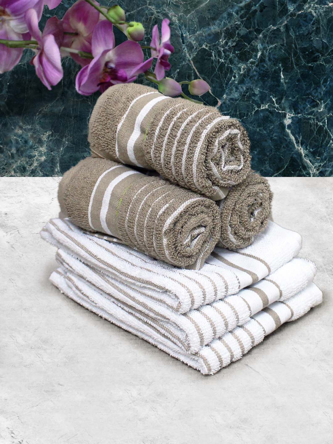 

Athom Living White & Brown 6 Pieces Striped Cotton 150 GSM Soft Hand Towels