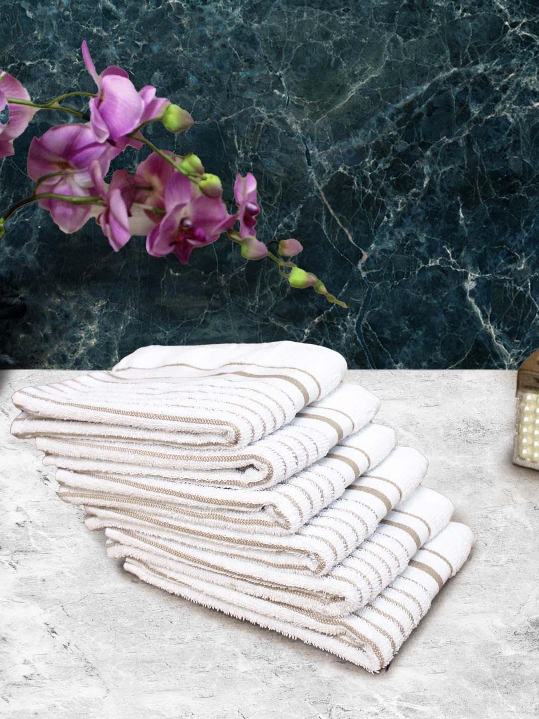 

Athom Living White & Brown 6 Pieces Striped Cotton 150 GSM Soft Hand Towels
