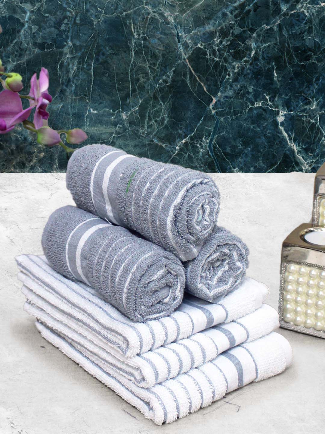 

Athom Living Grey & white 6 Pieces Striped Cotton 150 GSM Soft Hand Towels