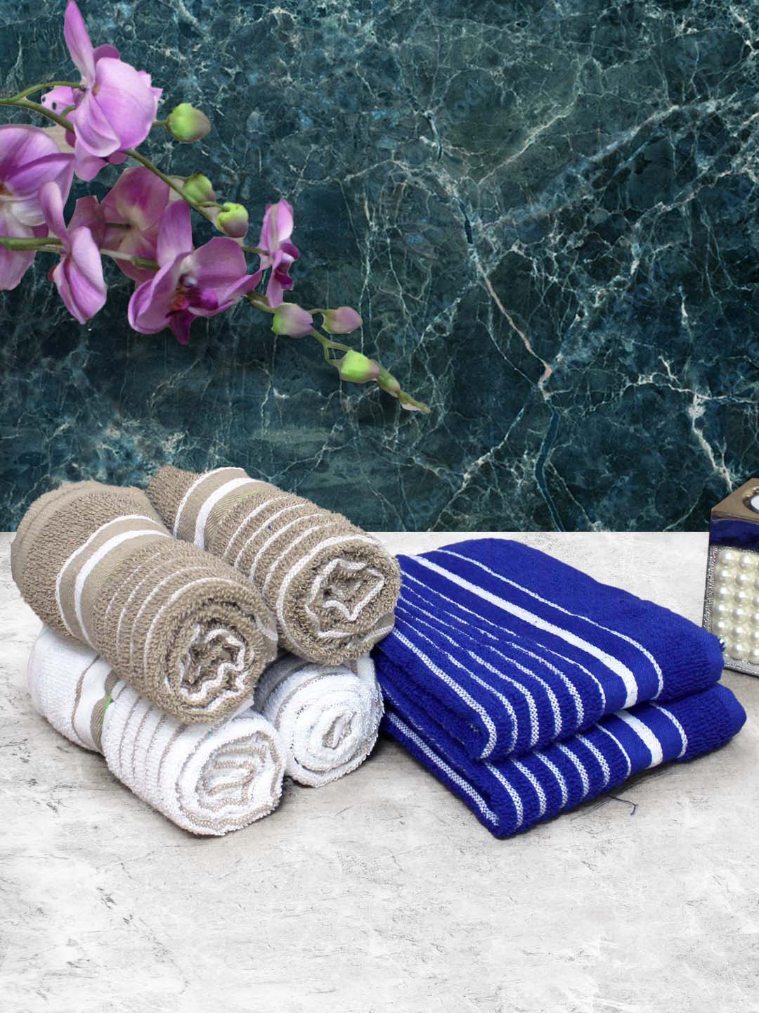 

Athom Living Blue & Brown 6 Pieces Striped Cotton 150 GSM Soft Hand Towels