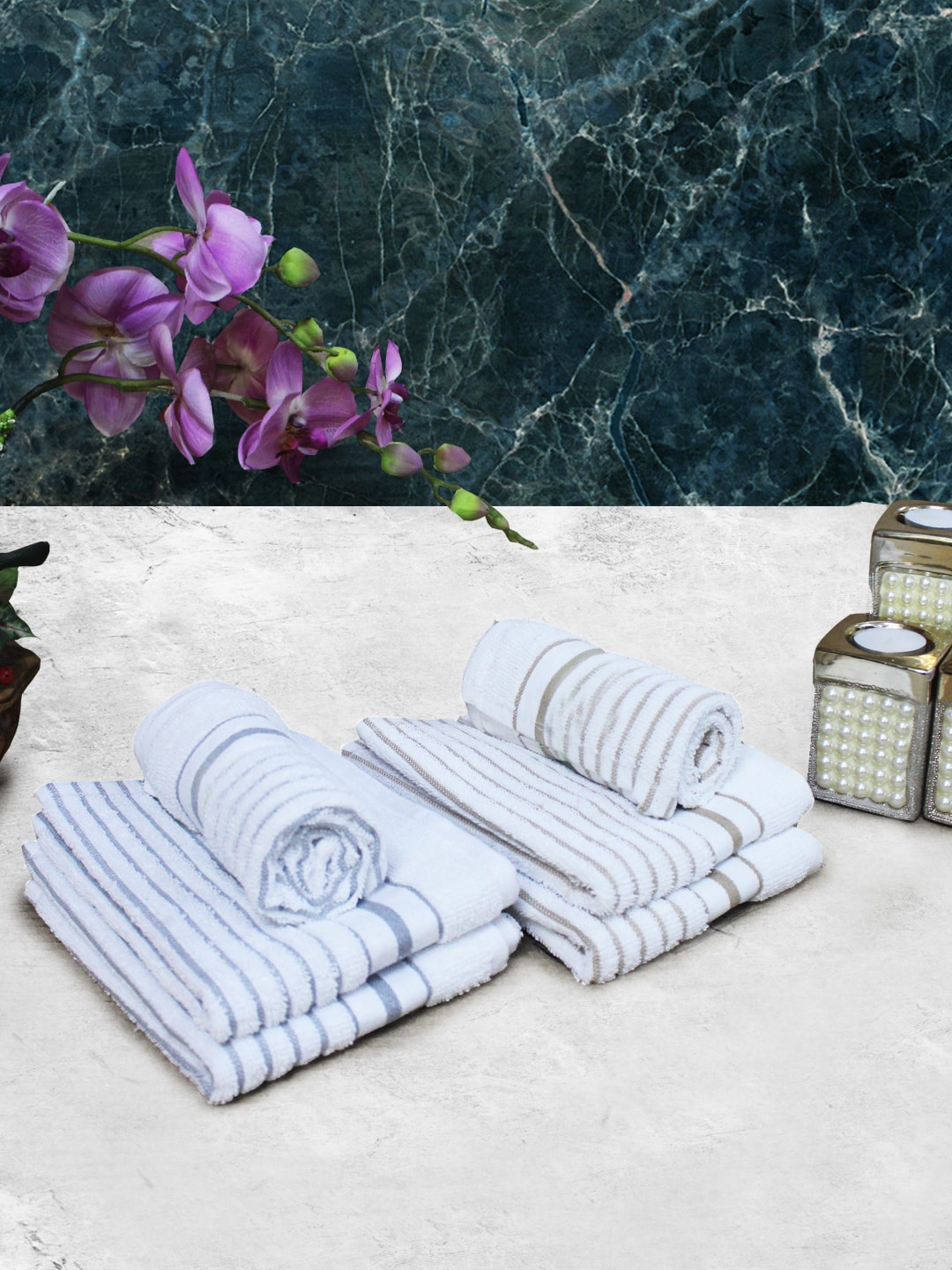 

Athom Living Blue & Brown 6 Pieces Striped Cotton 150 GSM Soft Hand Towels
