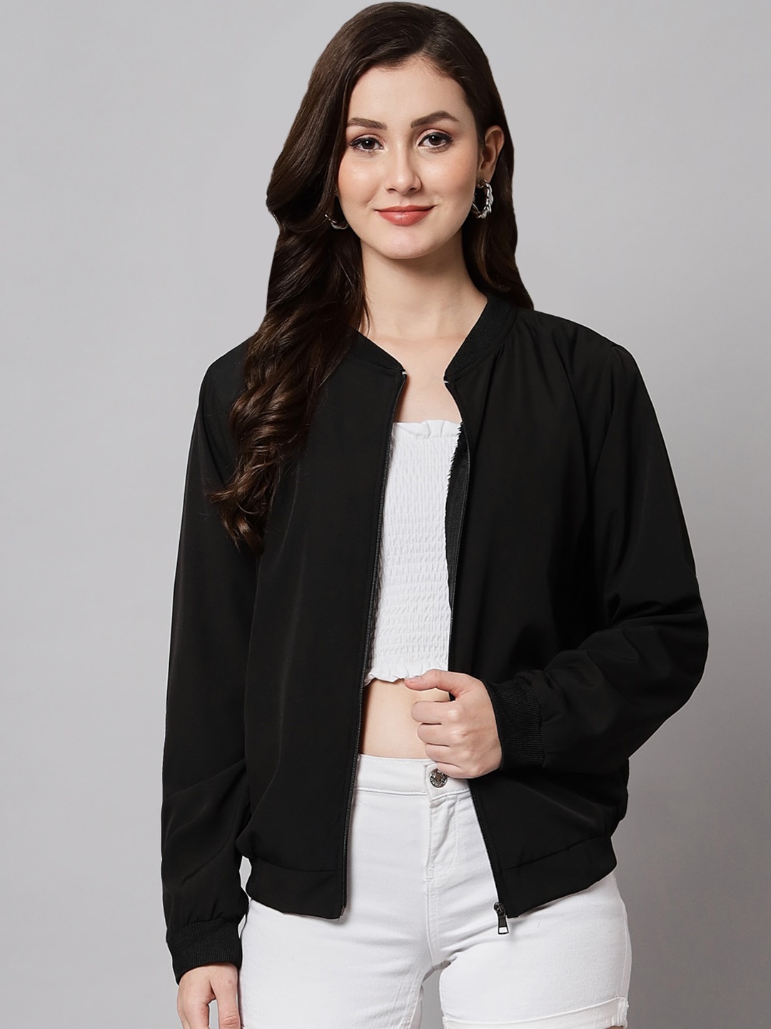 

Funday Fashion Stand Collar Bomber Jacket, Black