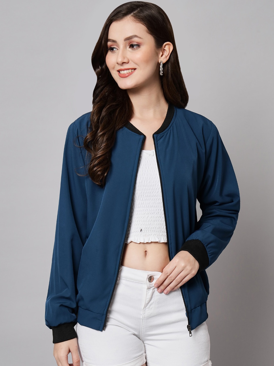 

Funday Fashion Collarless Bomber Jacket With Zip Detail, Blue