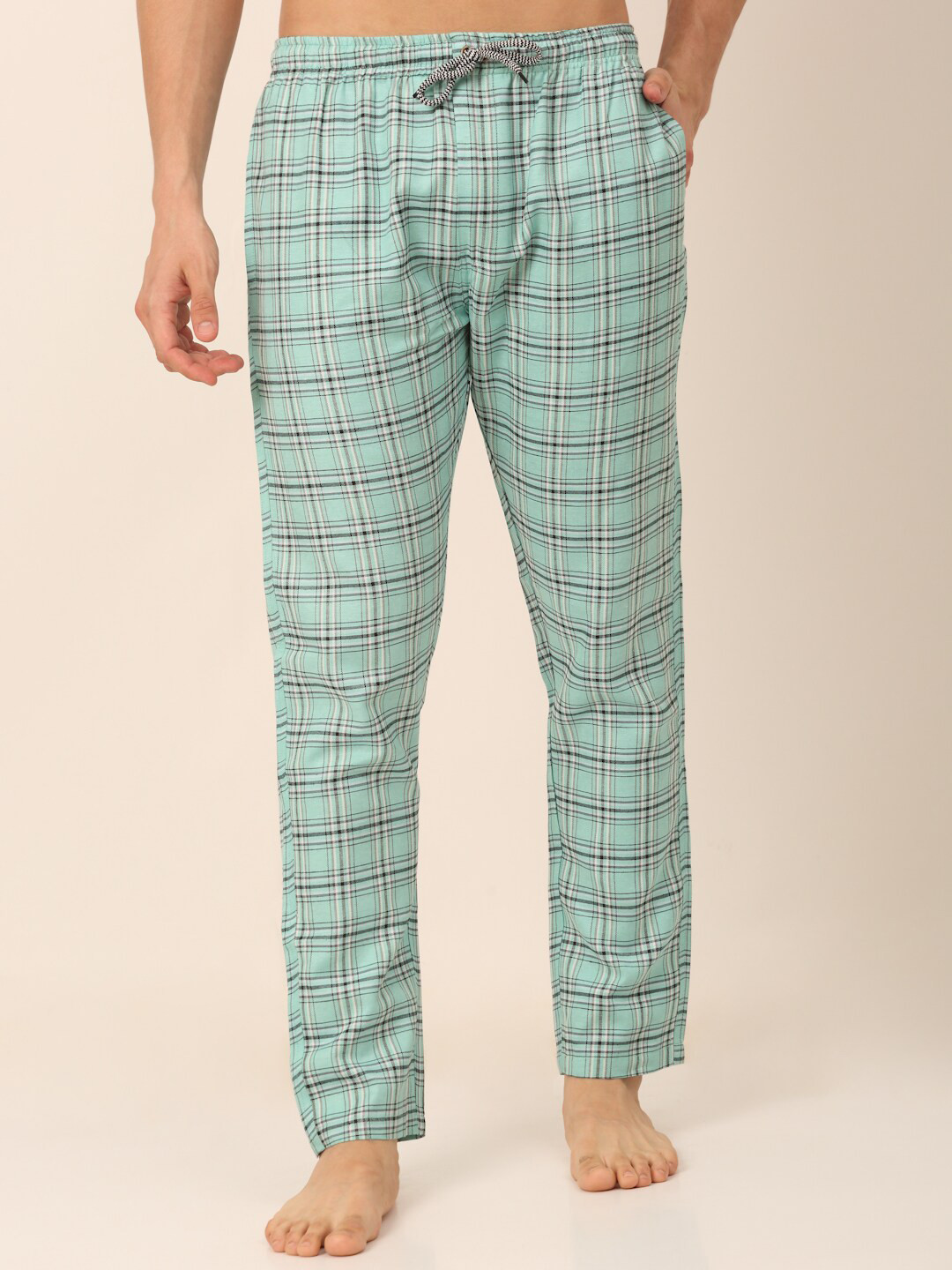 

JAINISH Men Mid-Rise Checked Pure Cotton Lounge Pant, Sea green