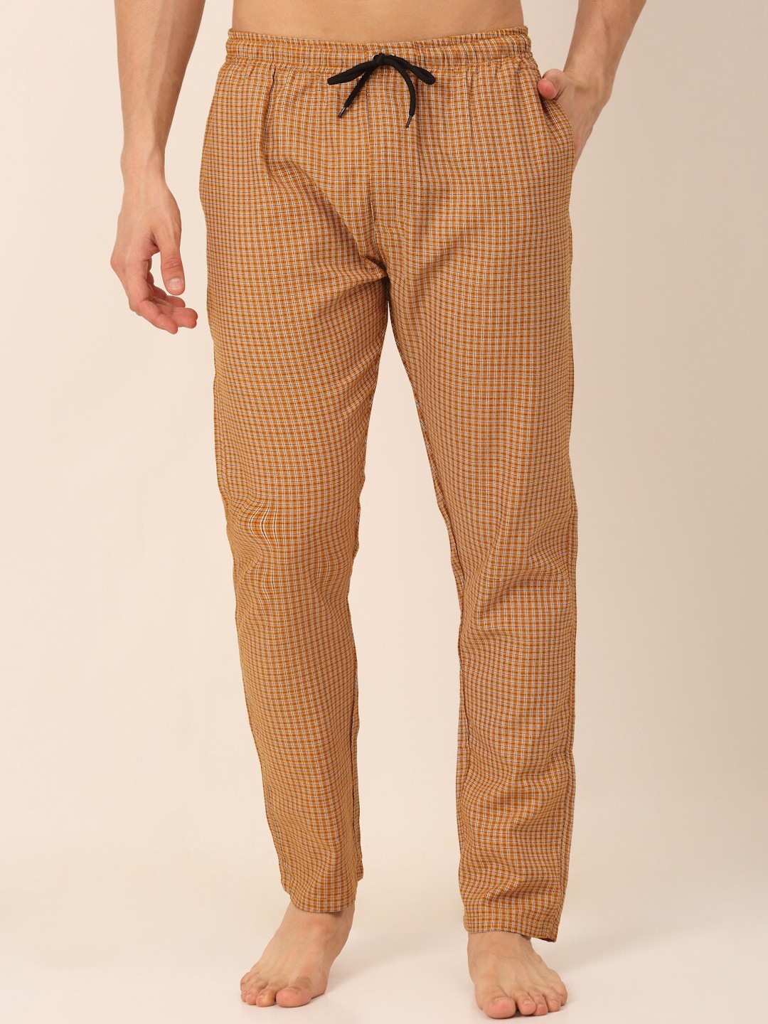 

JAINISH Men Mid-Rise Checked Pure Cotton Lounge Pant, Mustard