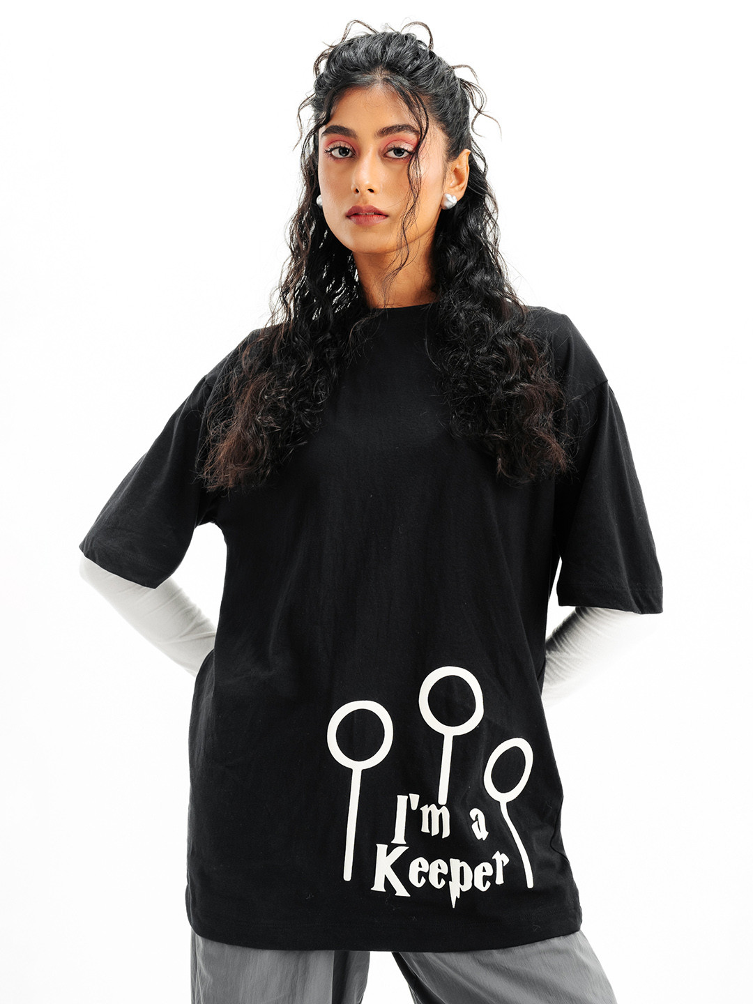 

FREAKINS Typography Printed Longline Drop Shoulder Sleeves Round Neck Oversized T-shirt, Black