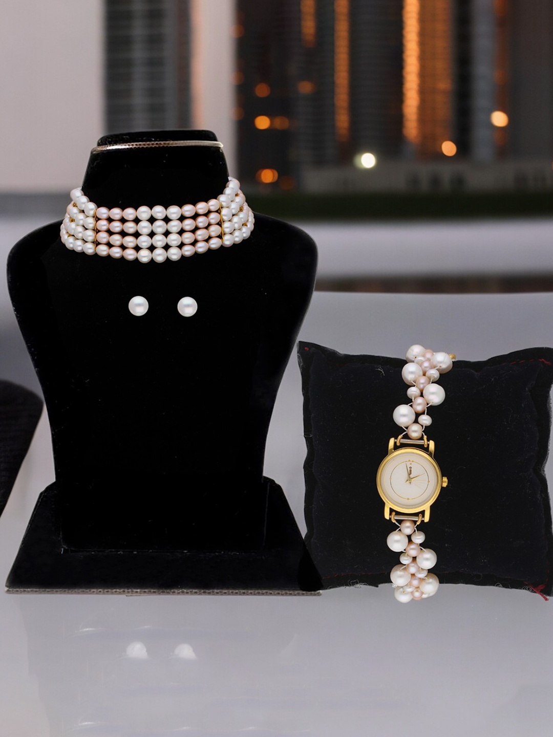 

Sri Jagdamba Pearls Dealer Gold-Plated Pearl Studded & Beaded Jewellery Set