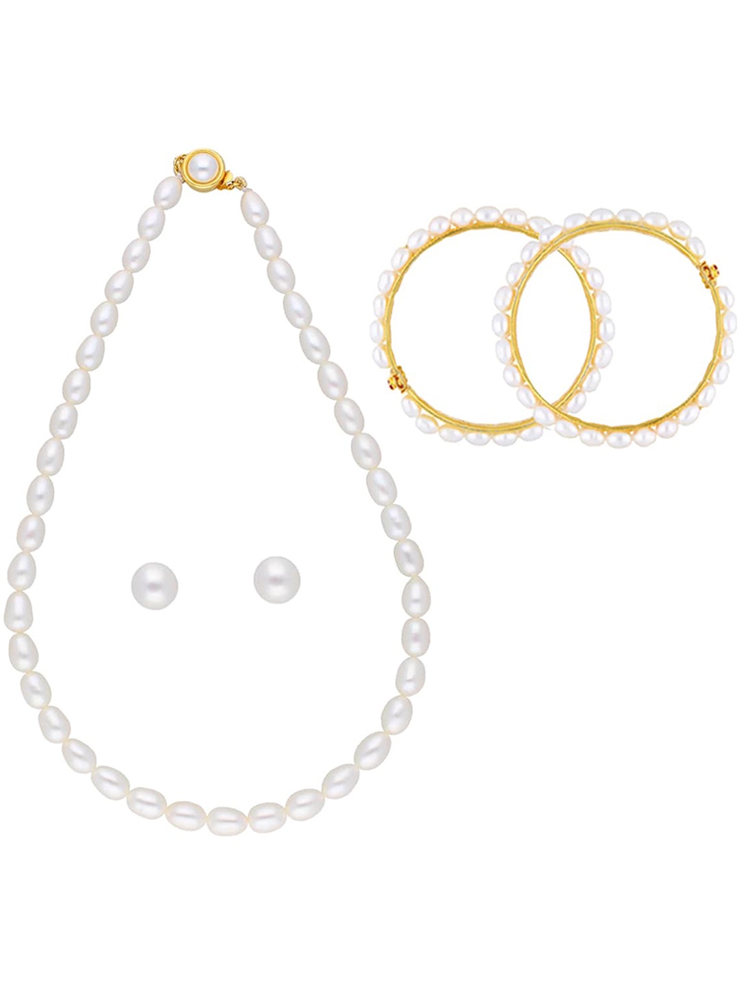 

Sri Jagdamba Pearls Dealer Gold-Plated Pearl Studded & Beaded Necklace & Earrings With Bangles