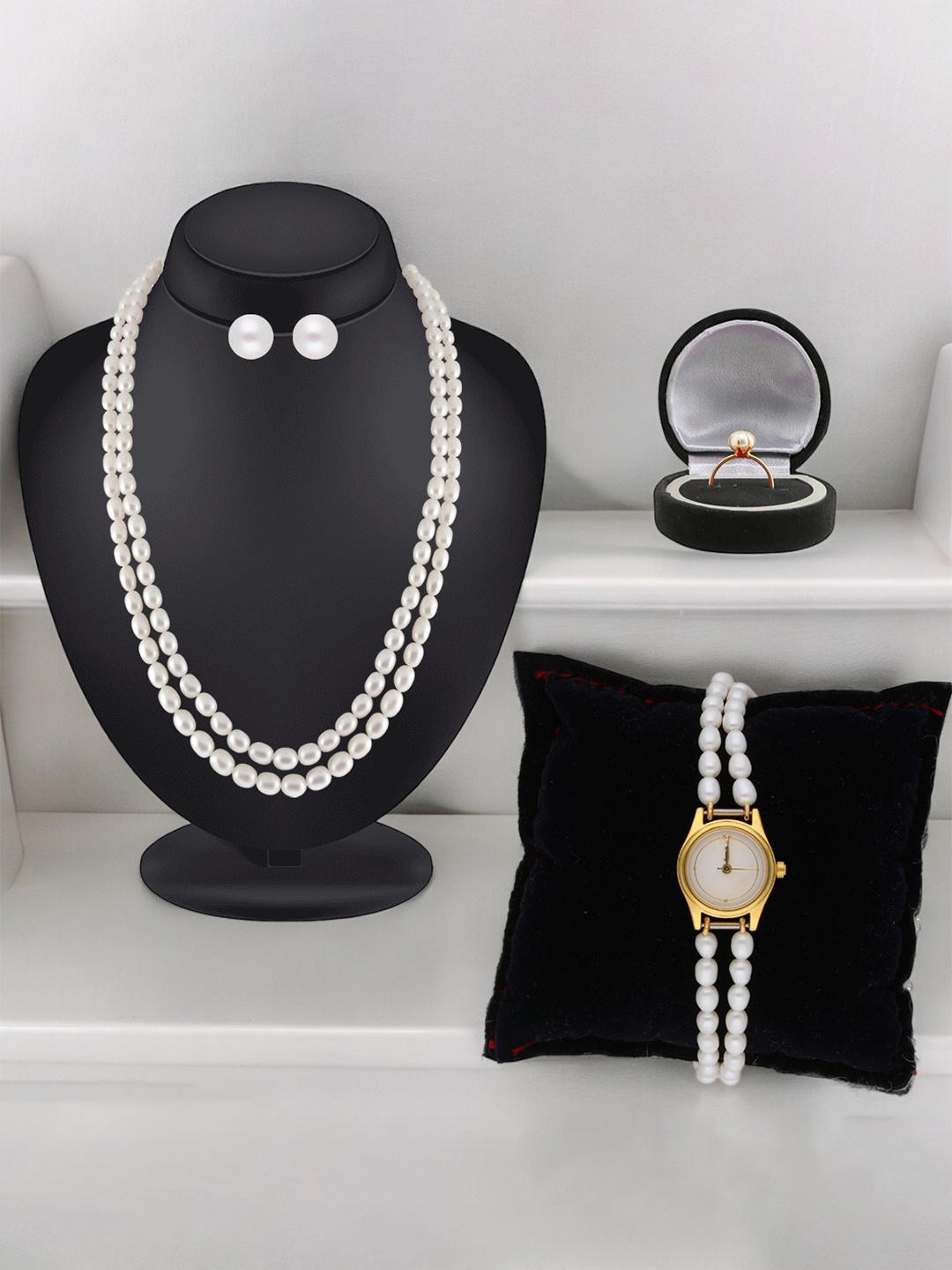 

Sri Jagdamba Pearls Dealer Gold-Plated Pearl Studded & Beaded Jewellery Set With Watch