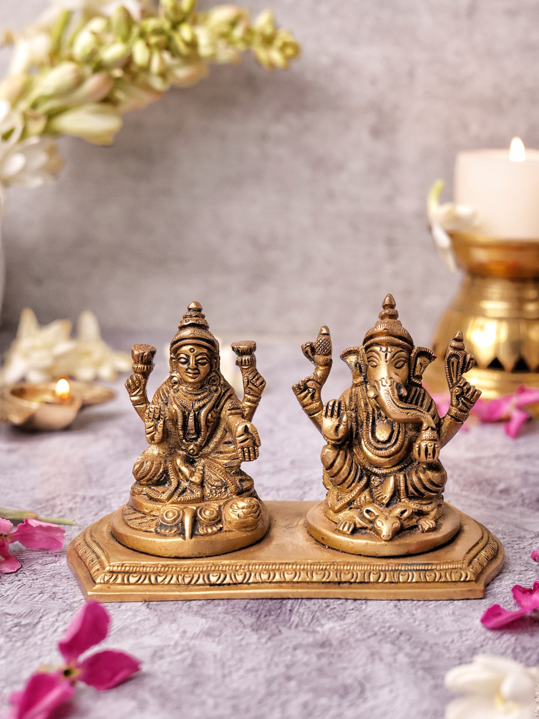 

The Advitya Ganesh Laxmi On Pedestal Brass Idol Showpiece, Gold