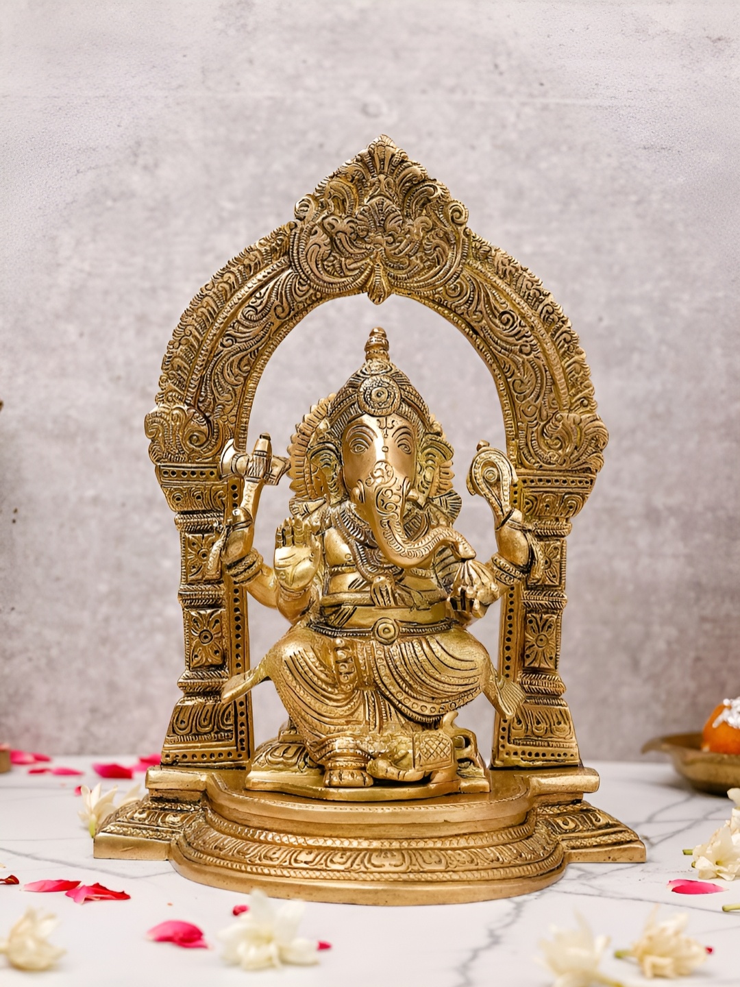 

The Advitya Chaturbhuja Lord Ganesha Seated On Throne Brass Idol Showpiece, Gold