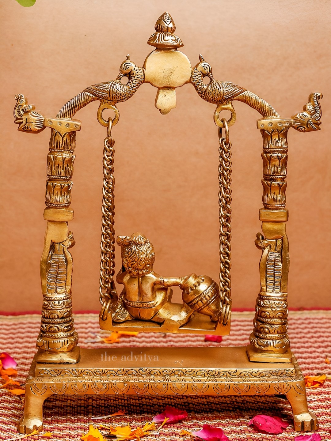 

The Advitya Krishna In Jhula Brass Idol Showpiece, Gold