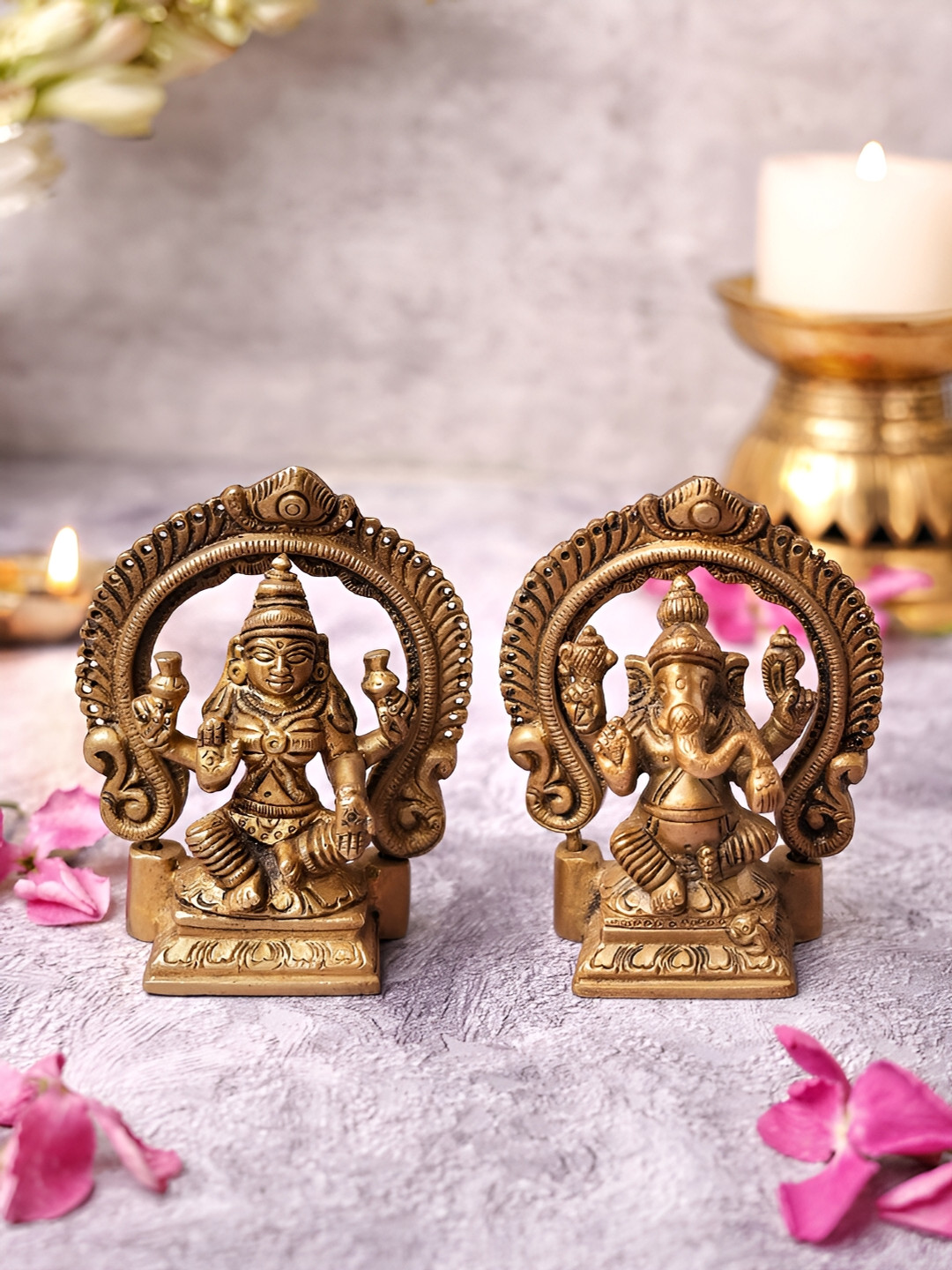 

The Advitya Ganesha Laxmi With Detabhable Ring Brass Idol Showpiece, Gold