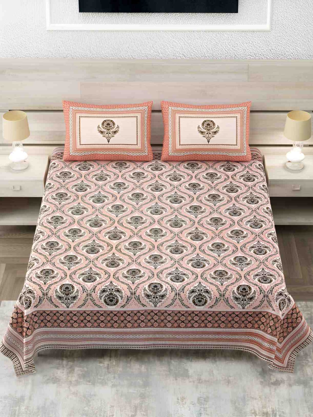 

Jinaya's Beige & Green Floral Cotton 300 TC King Bedsheet with 2 Pillow Covers