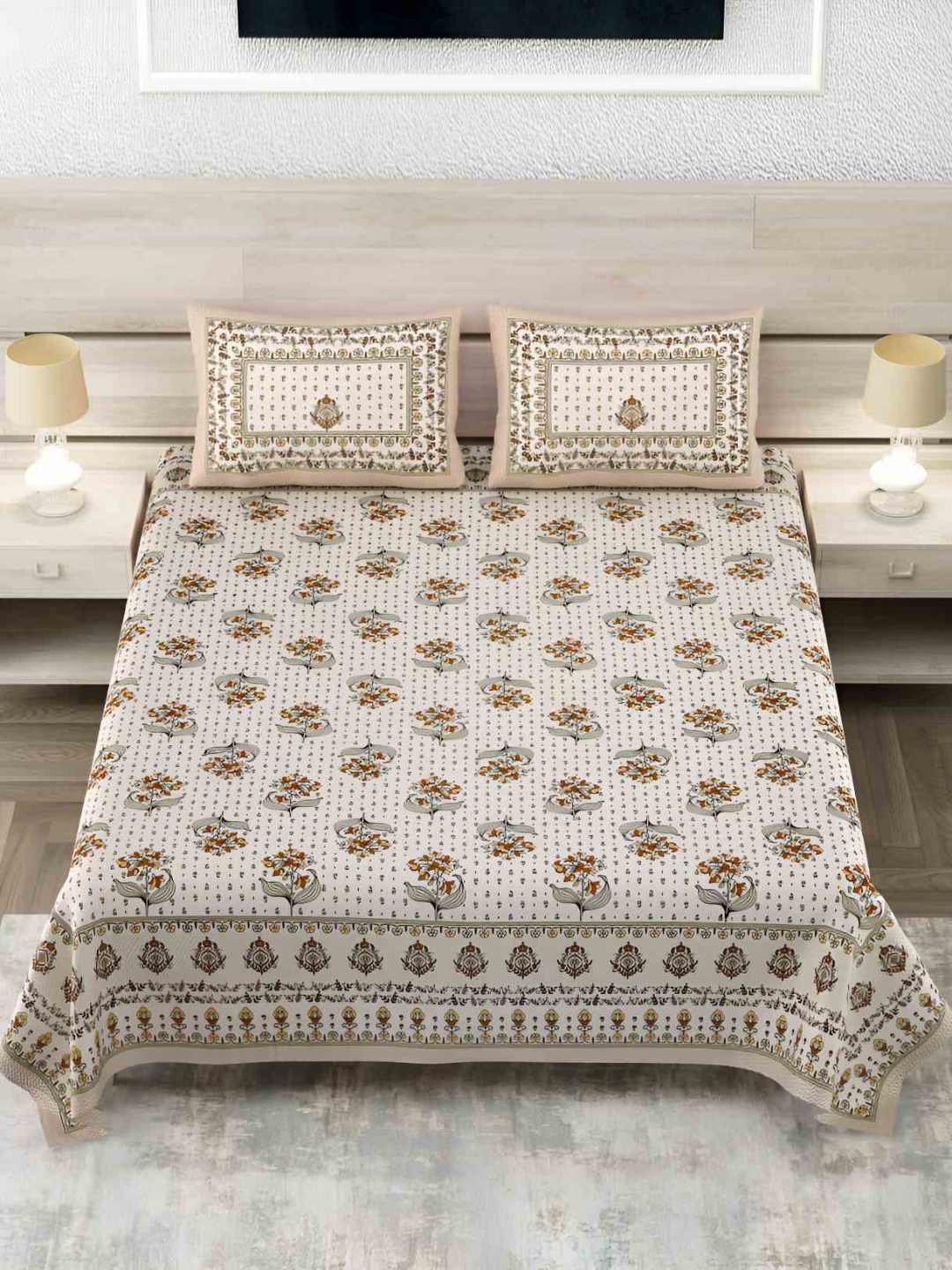 

Jinaya's Beige & Green Floral Cotton 300 TC King Bedsheet with 2 Pillow Covers