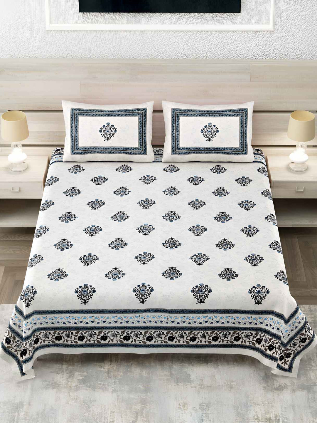

Jinaya's Beige & Blue Floral Cotton 300 TC King Bedsheet with 2 Pillow Covers