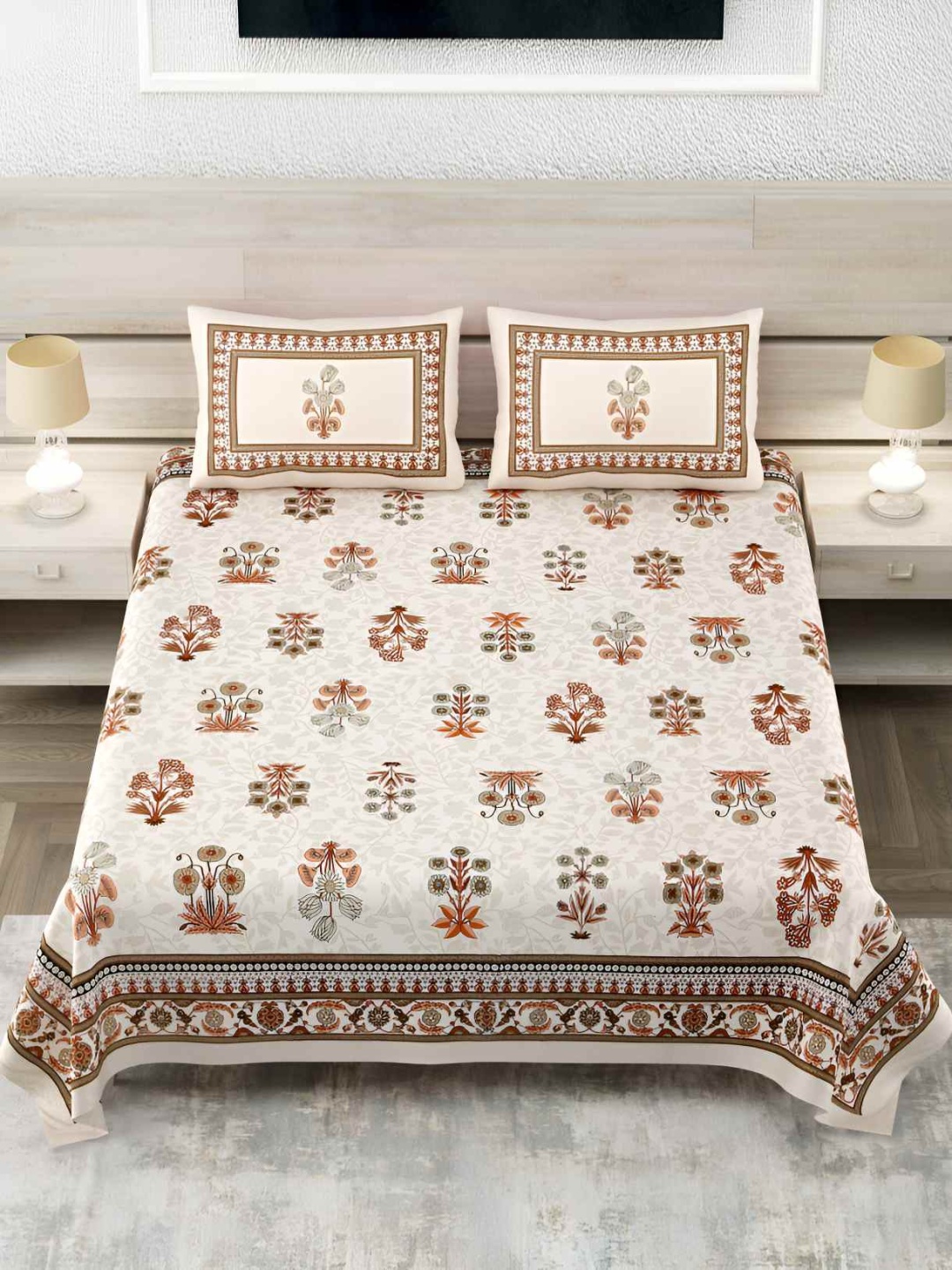 

Jinaya's Beige & Green Floral Cotton 300 TC King Bedsheet with 2 Pillow Covers