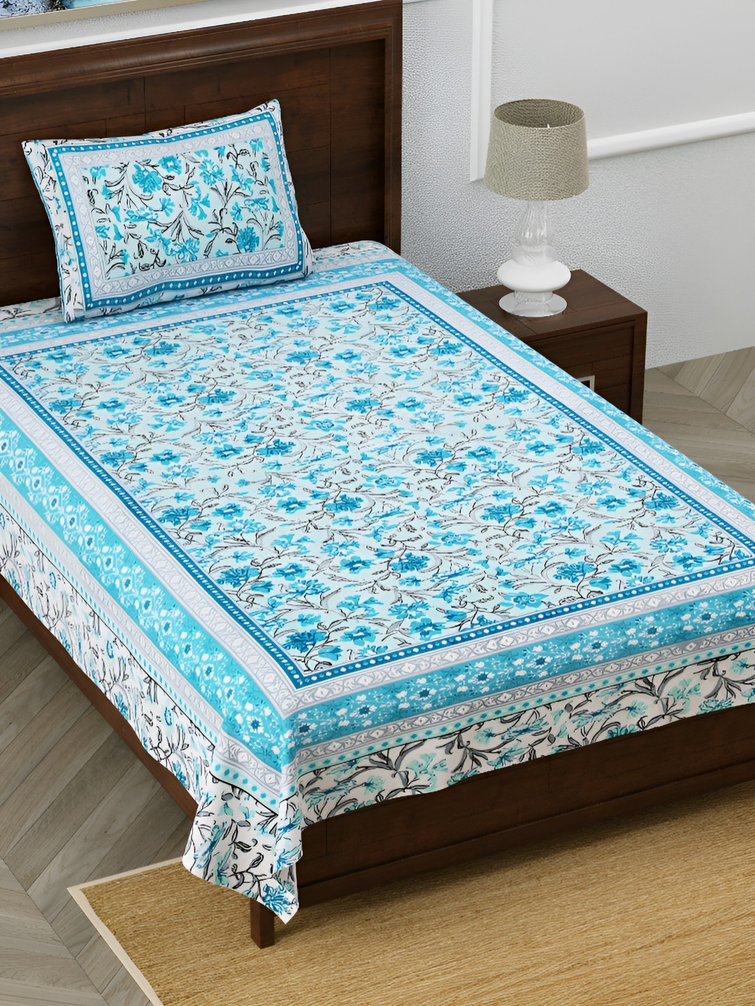 

FABROLI Blue & White 130 GSM Floral Cotton 240 TC Single Bedsheet with 1 Pillow Cover
