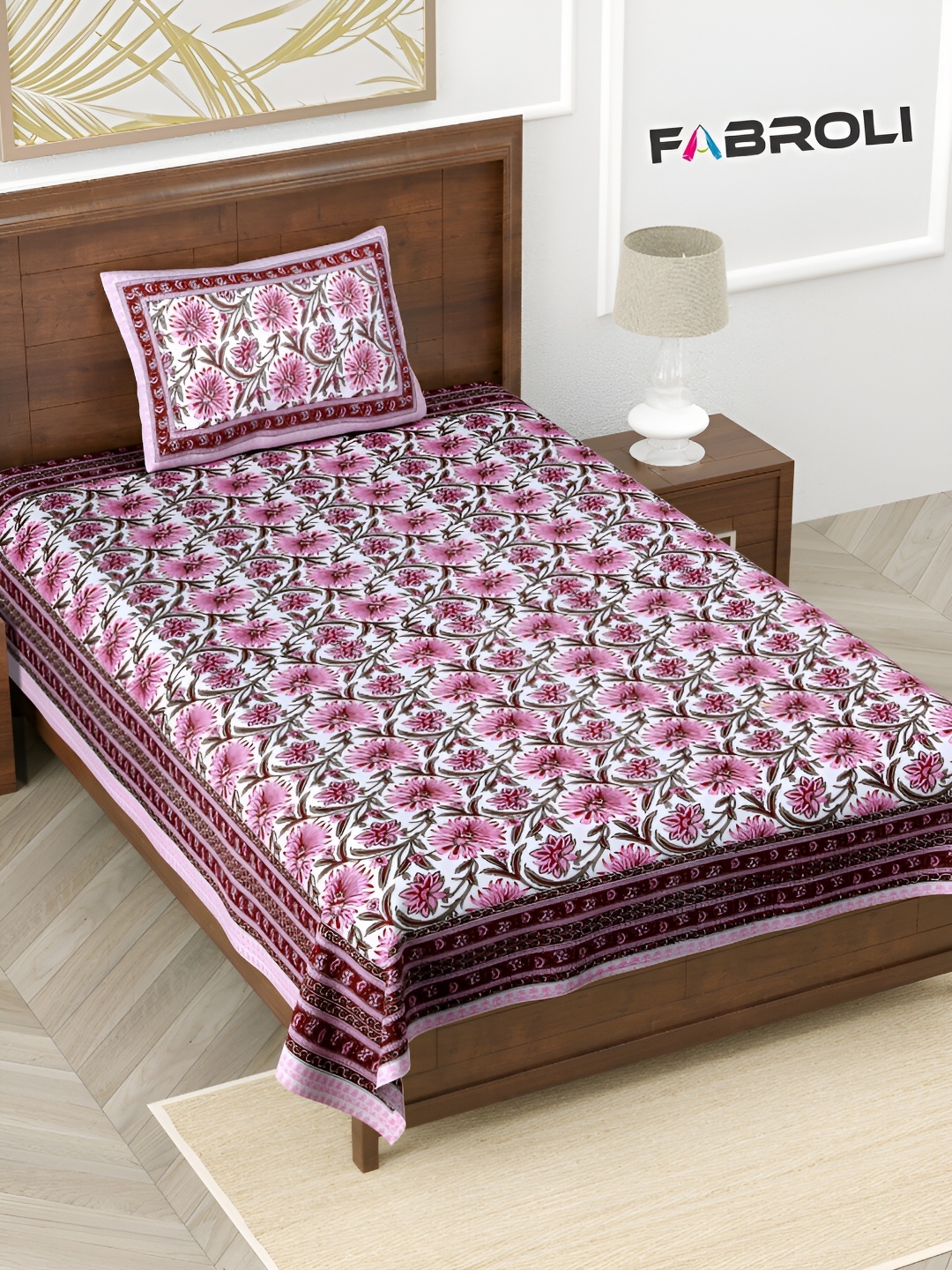 

FABROLI Pink& Wihte Floral Single Bedsheet with 1 Pillow Cover