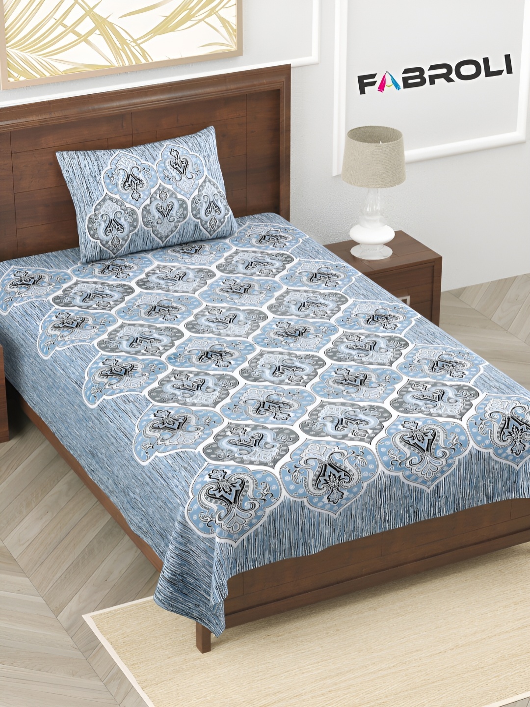 

FABROLI Blue & White 130 GSM Floral Cotton 240 TC Single Bedsheet with 1 Pillow Cover