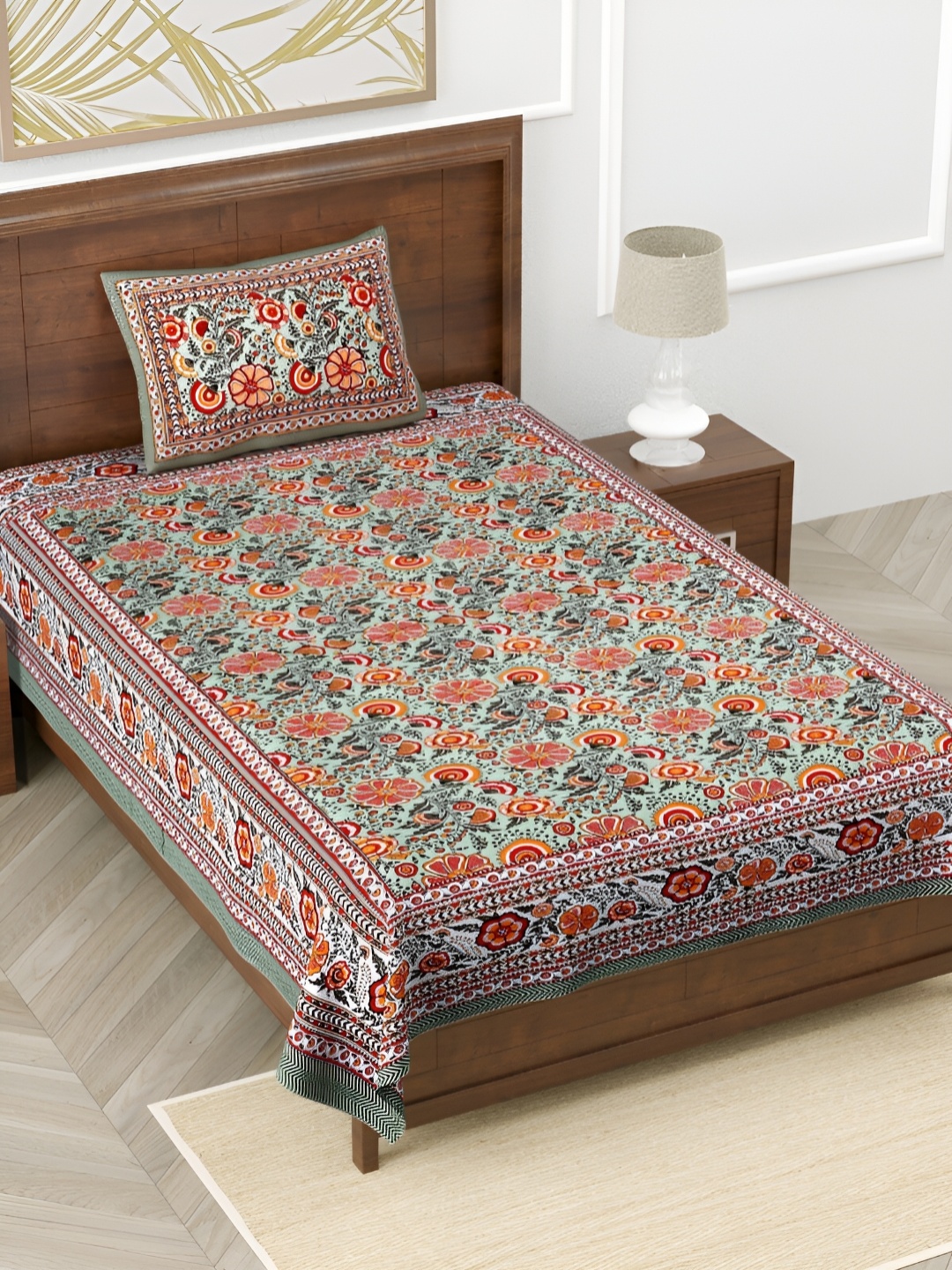 

FABROLI Green & Orange 130 GSM Floral Cotton 240 TC Single Bedsheet with 1 Pillow Cover