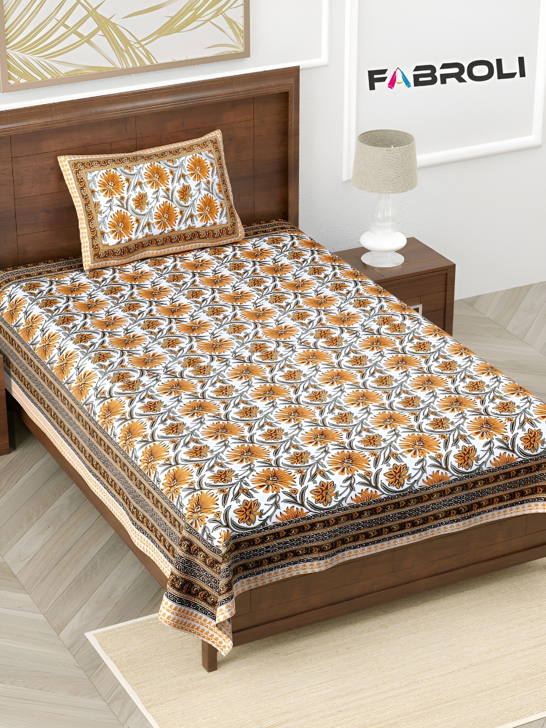 

FABROLI Brown & White 130 GSM Floral Cotton 240 TC Single Bedsheet with 1 Pillow Cover