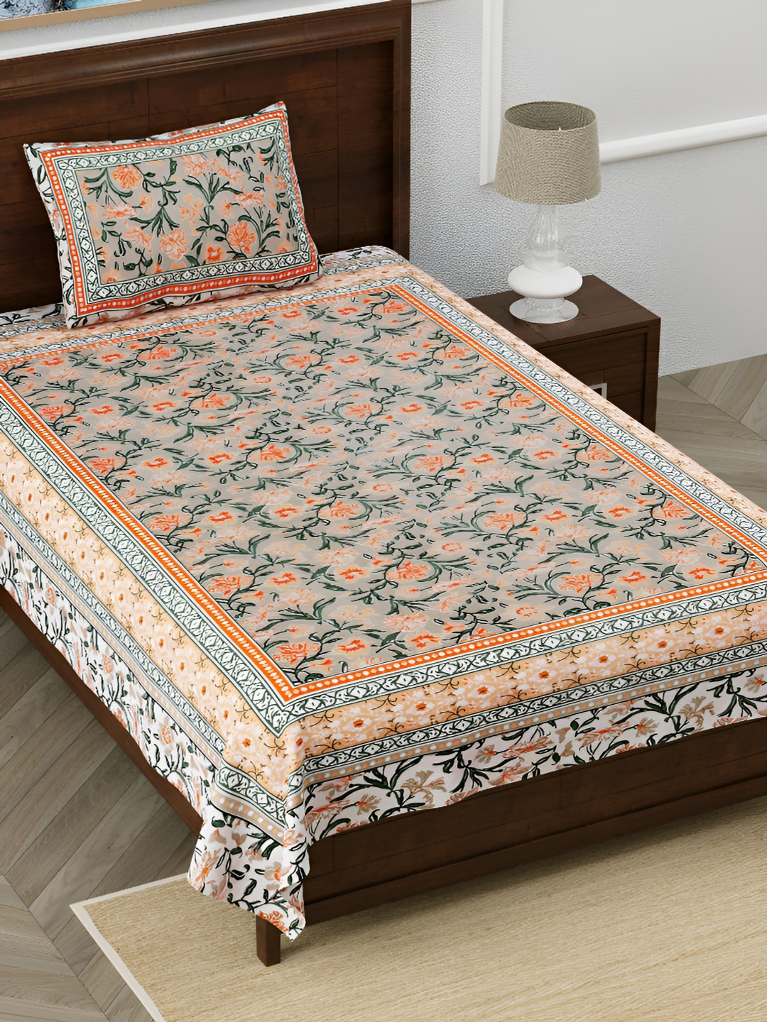 

FABROLI Green & Orange 130 GSM Floral Cotton 240 TC Single Bedsheet with 1 Pillow Cover, White