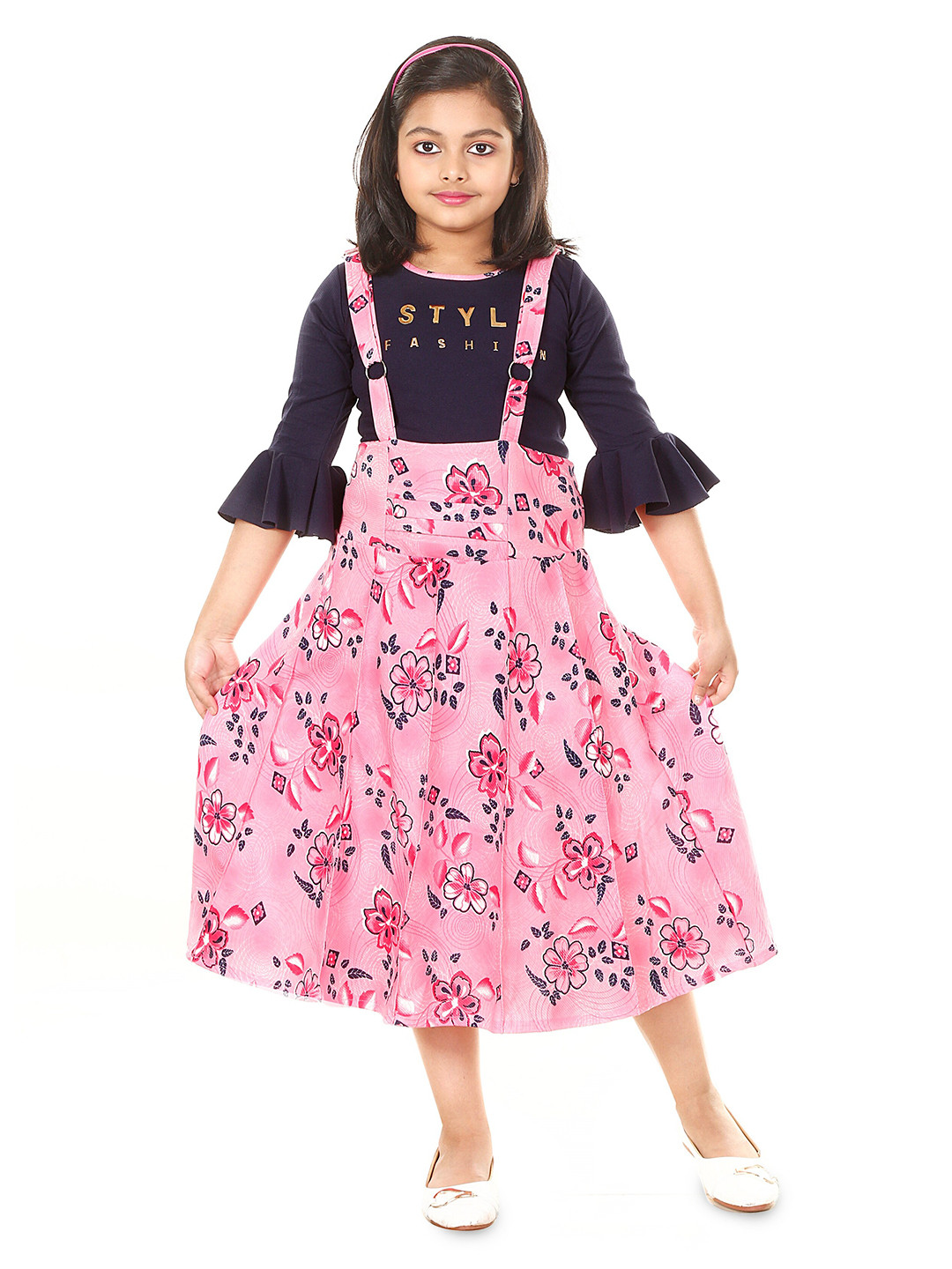 

BAESD Girls Floral Printed Bell Sleeves Cotton Pinafore Midi Dress, Pink