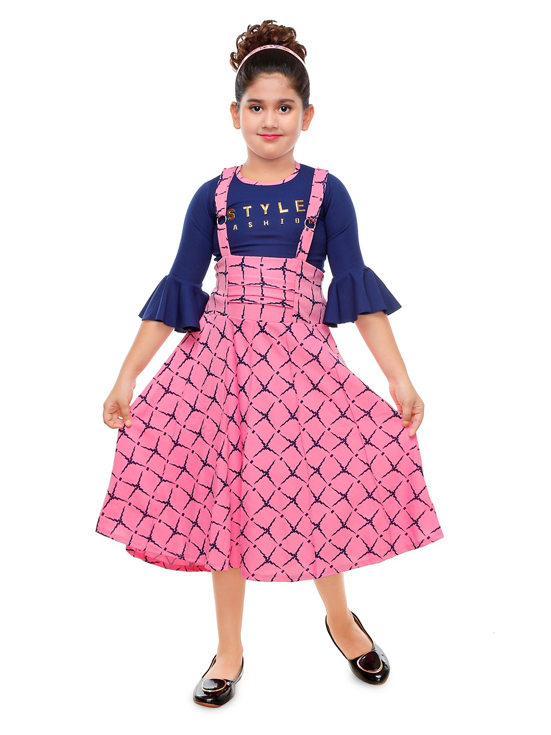

BAESD Girls Geometric Printed Bell Sleeves Cotton Pinafore Midi Dress, Pink
