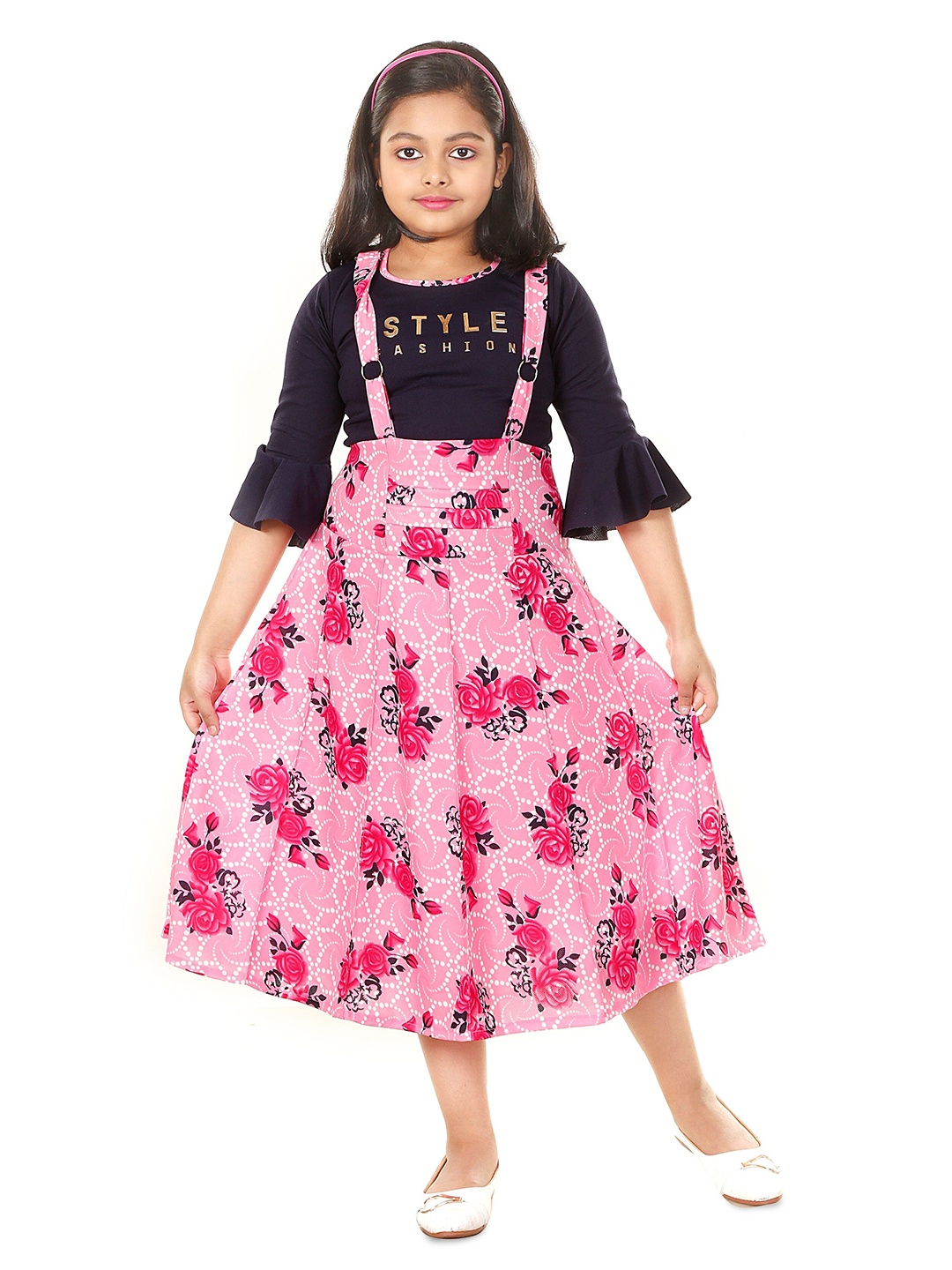 

BAESD Girls Floral Printed Bell Sleeves Cotton Pinafore Midi Dress, Pink