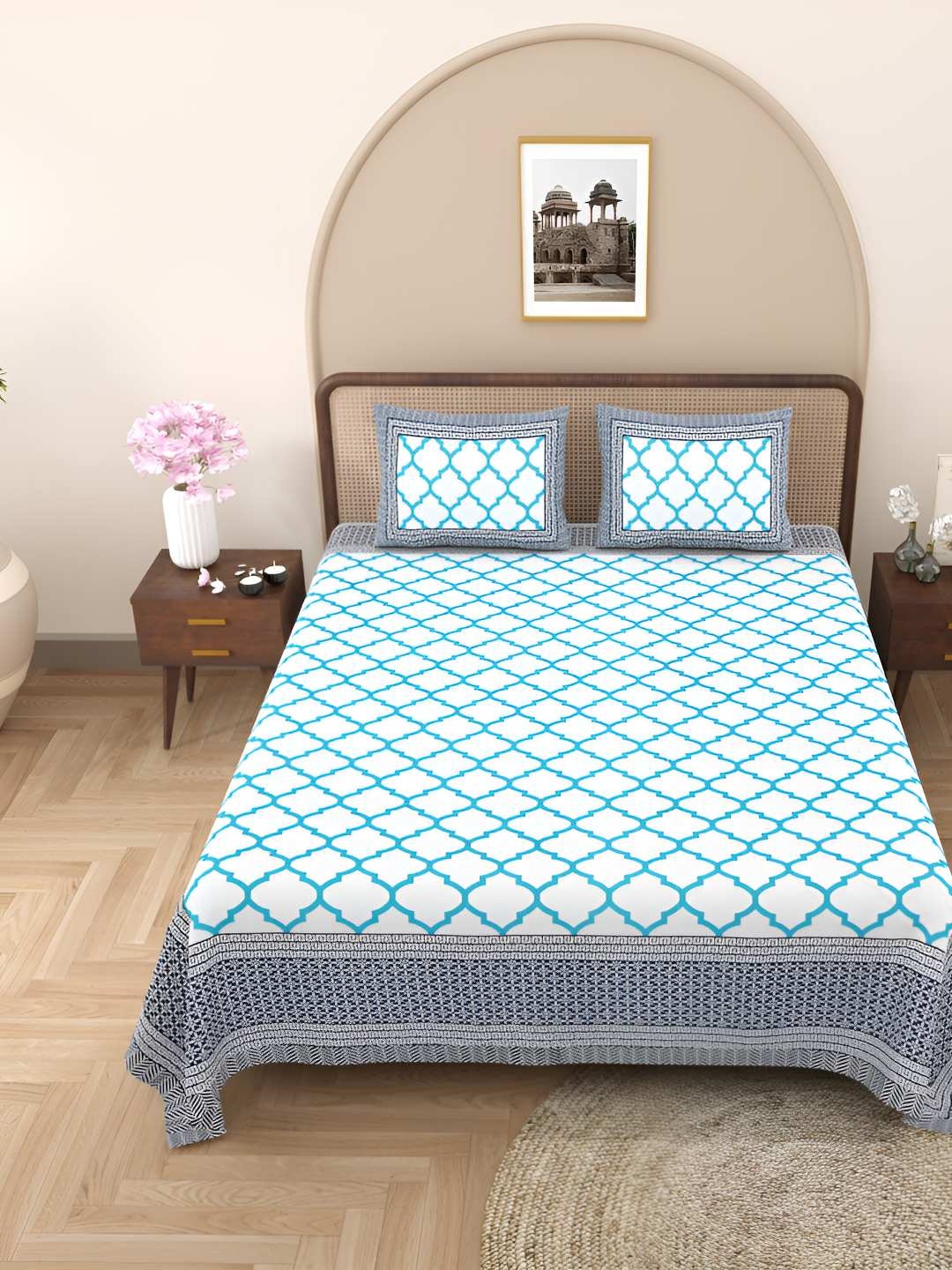 

Jinaya's White & Blue Geometric Cotton 300 TC Queen Bedsheet with 2 Pillow Covers