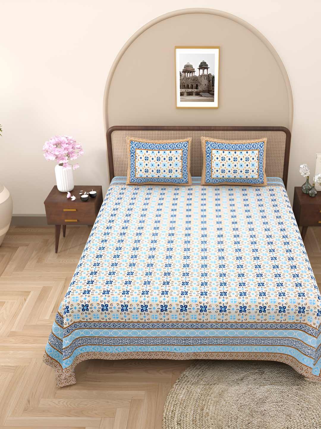 

Jinaya's Beige & Blue Floral Cotton 300 TC Queen Bedsheet with 2 Pillow Covers