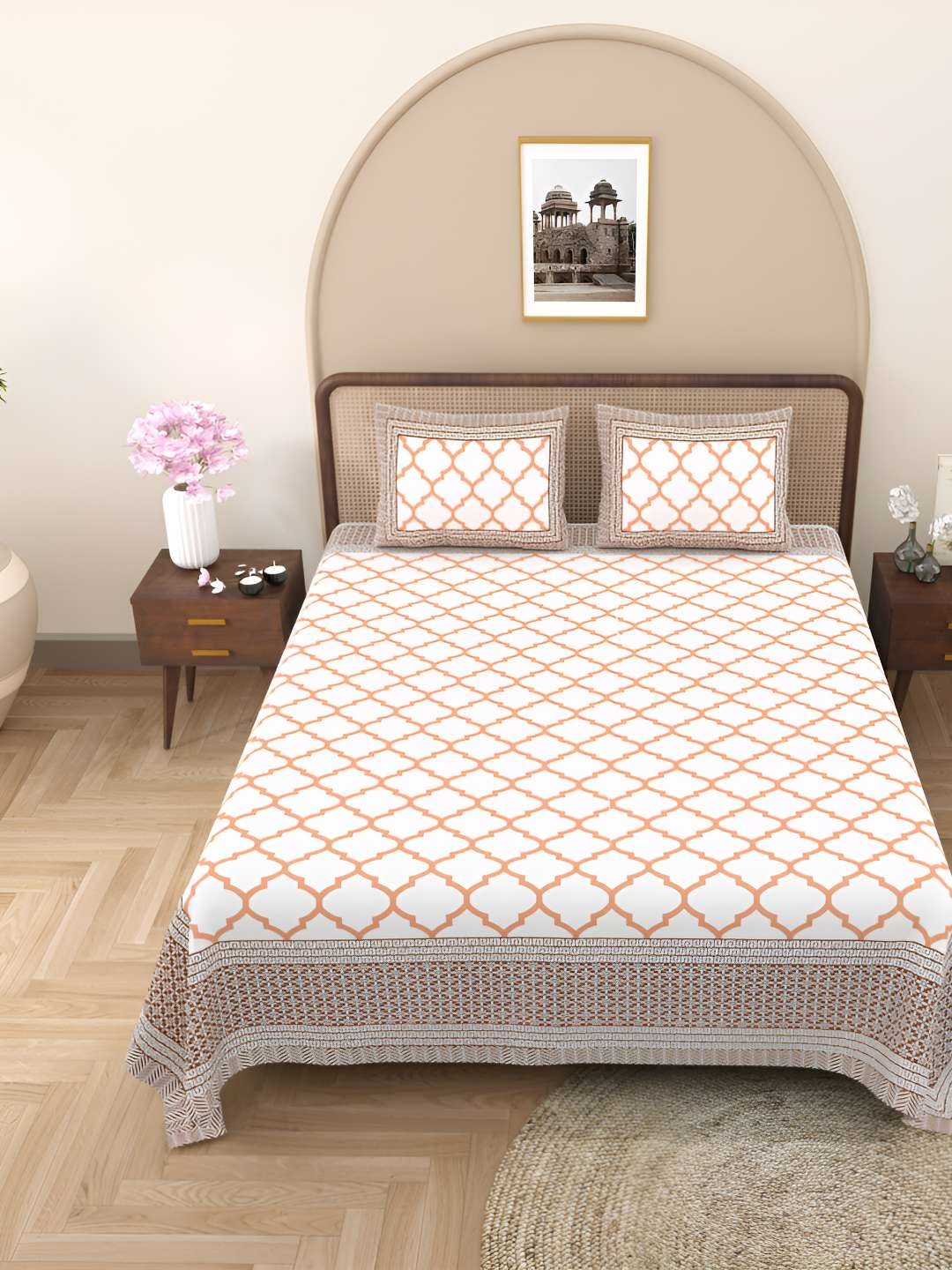 

Jinaya's Beige & Orange Geometric Cotton 300 TC Queen Bedsheet with 2 Pillow Covers