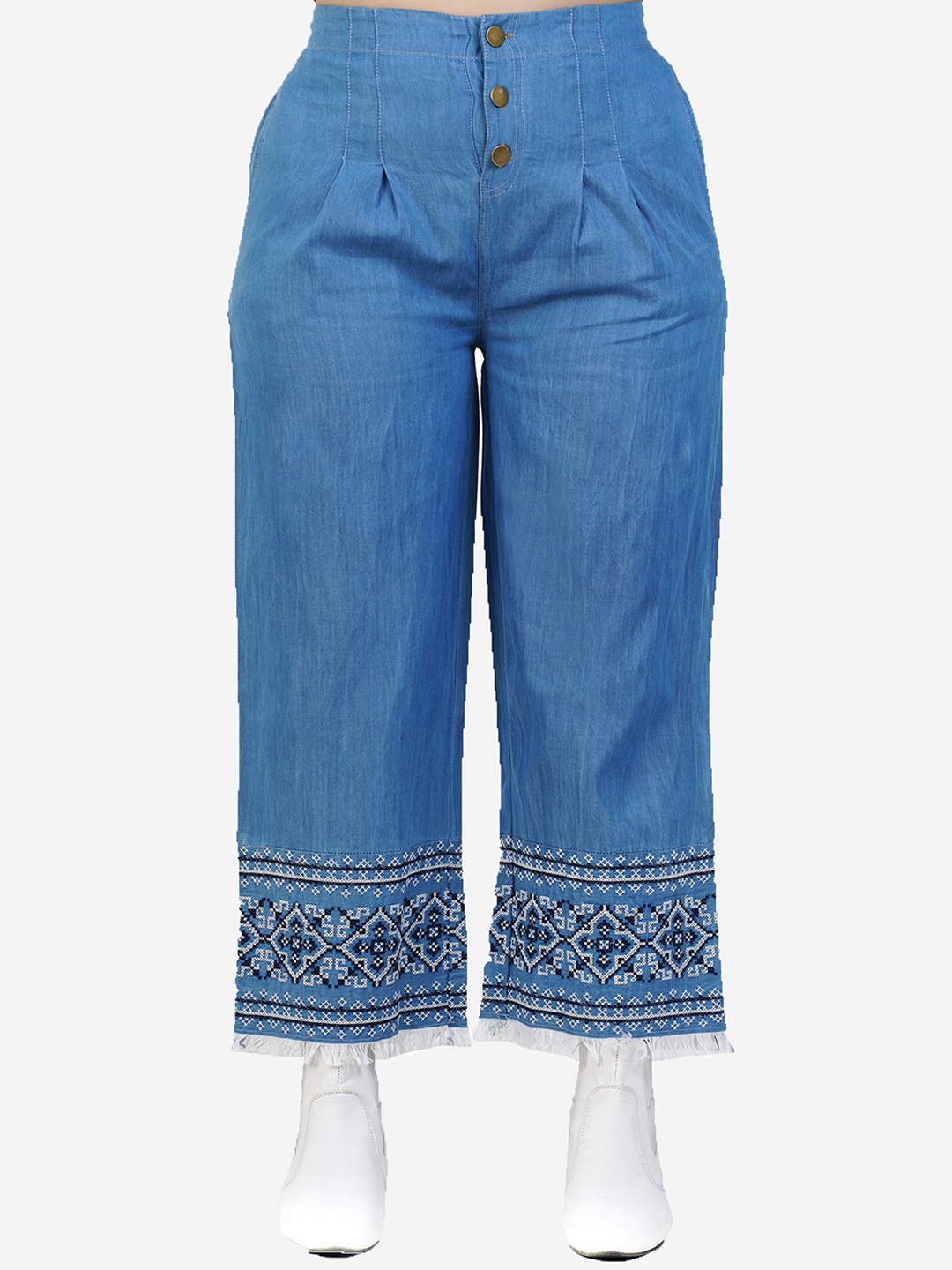 

SUMAVI-FASHION Women Geometric Embroidered Flared Denim Parallel Trousers, Blue